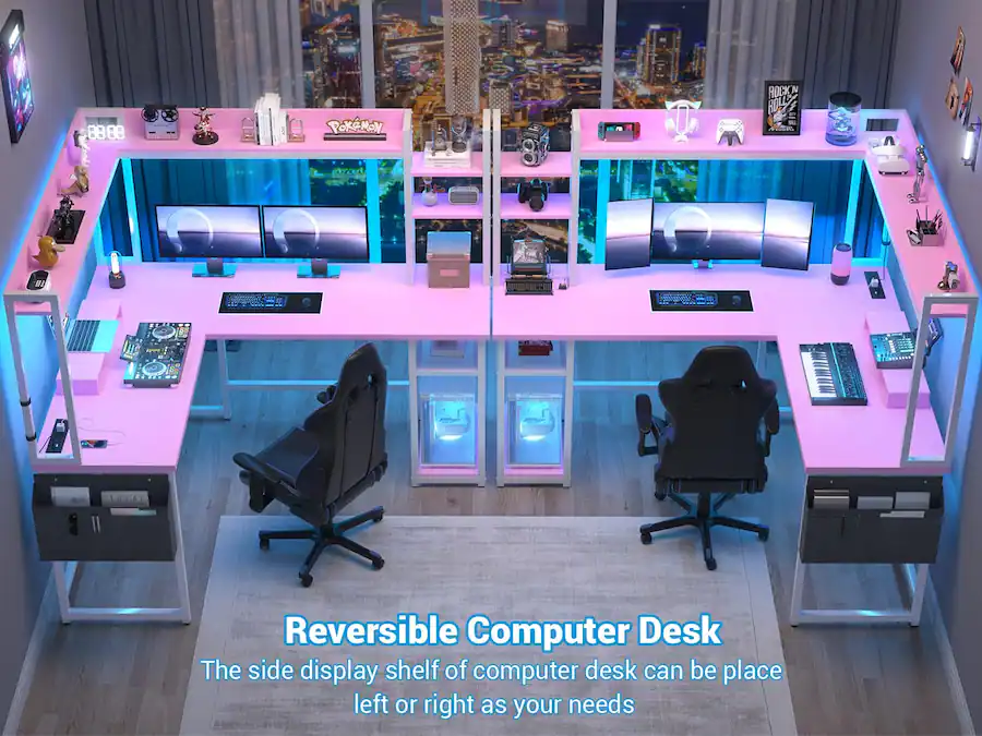 Aheaplus Gaming L Desk With Power Outlets, LED Lights & Storage ...