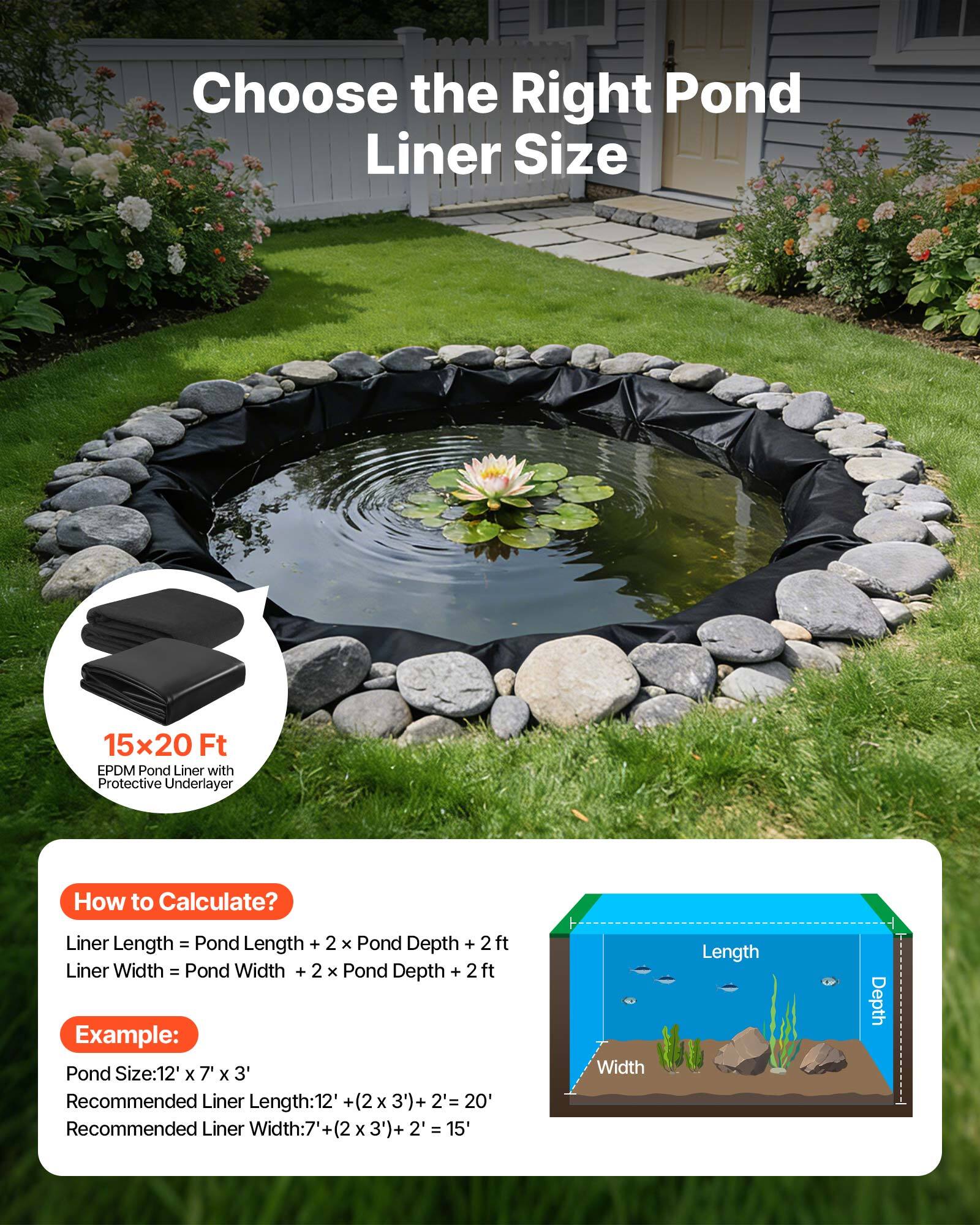Choose the Right Pond Liner Size

15x20 Ft EPDM Pond Liner with Protective Underlayer

How to Calculate?

Liner Length = Pond Length + 2 x Pond Depth + 2 ft

Liner Width = Pond Width + 2 x Pond Depth + 2 ft

Example:

Pond Size: 12' x 7' x 3'

Recommended Liner Length: 12' + (2 x 3') + 2' = 20'

Recommended Liner Width: 7' + (2 x 3') + 2' = 15'

Width Length Depth