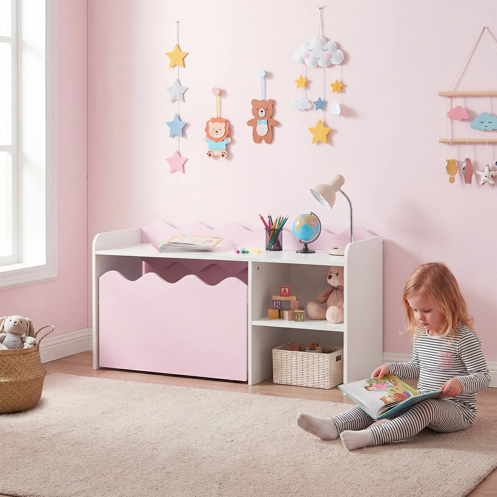 Alt View 4. Costway - Costway Kids Bookshelf & Toy Storage Organizer,Wooden Toddler Book Rack with Movable Drawer - Pink + White.