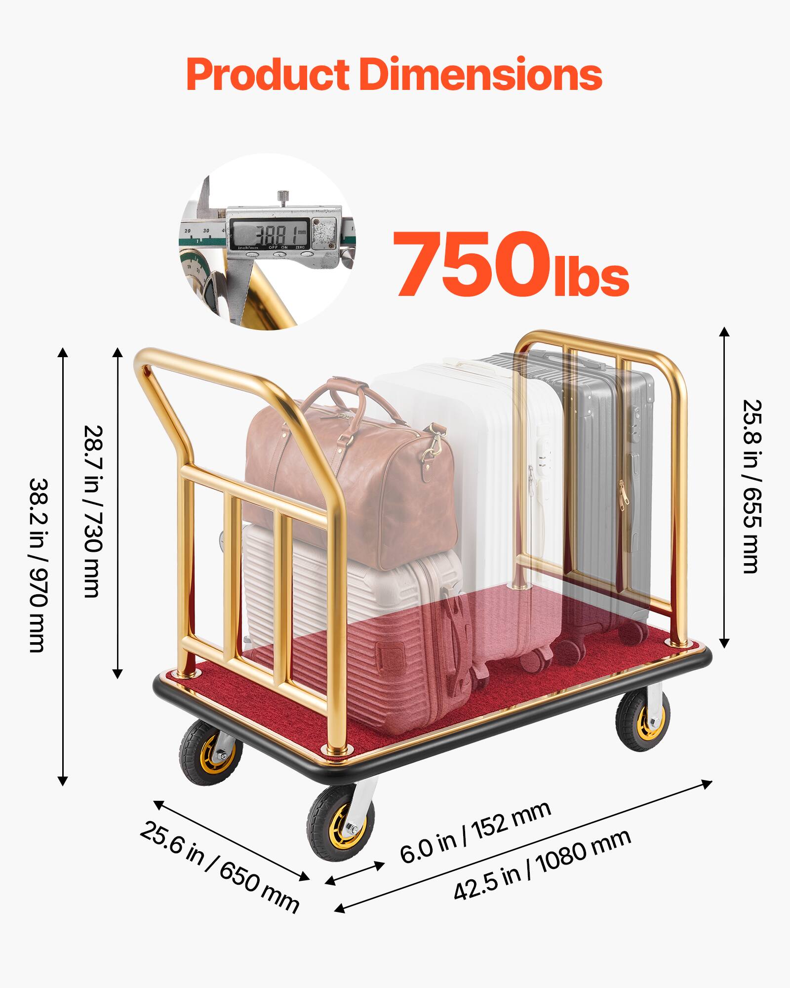 Product Dimensions: 38.2 in / 970 mm, 28.7 in / 730 mm, 25.8 in / 655 mm, 25.6 in / 650 mm, 6.0 in / 152 mm, 42.5 in / 1080 mm, 750 lbs