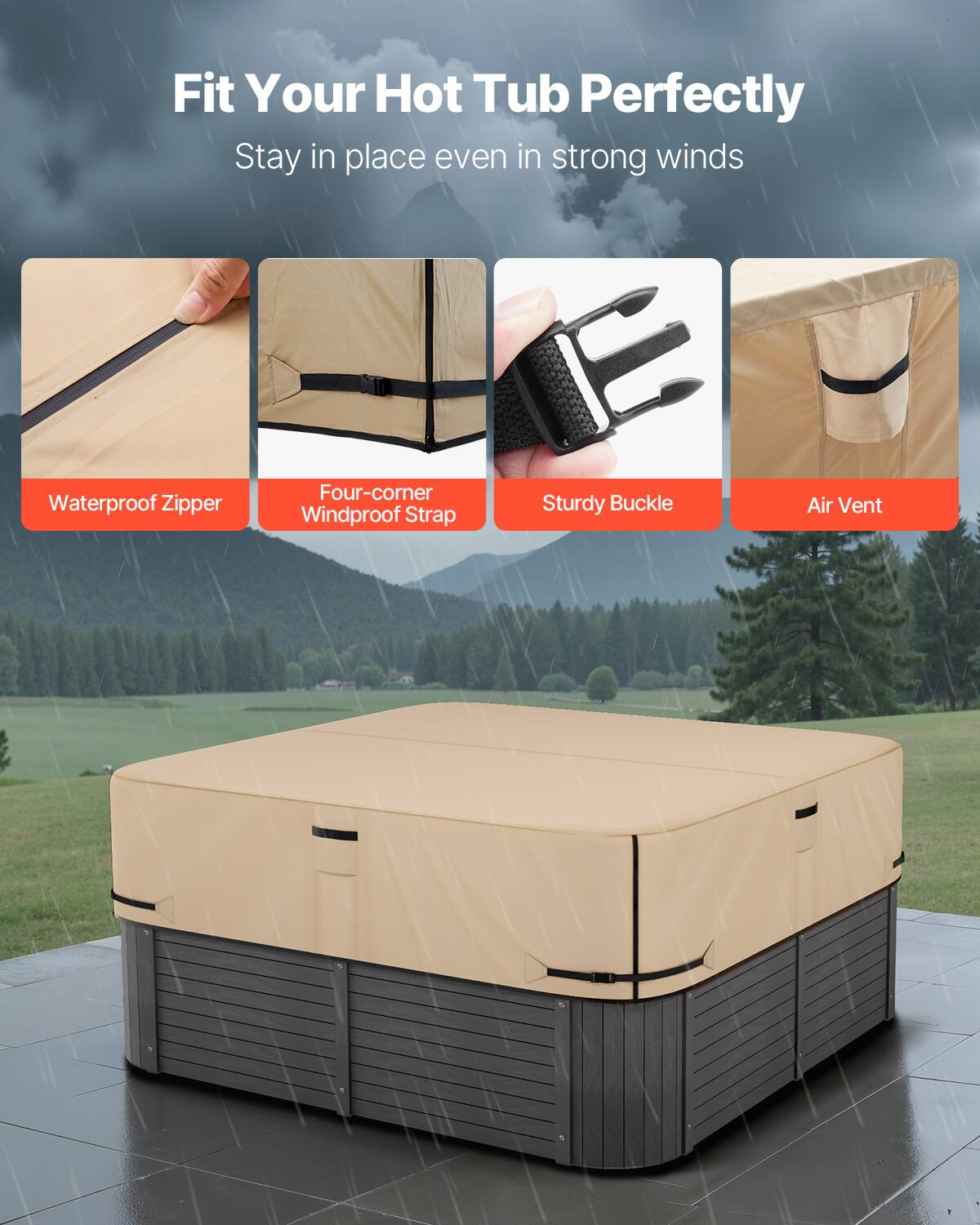 Fit Your Hot Tub Perfectly  
Stay in place even in strong winds  

- Waterproof Zipper  
- Four-corner Windproof Strap  
- Sturdy Buckle  
- Air Vent