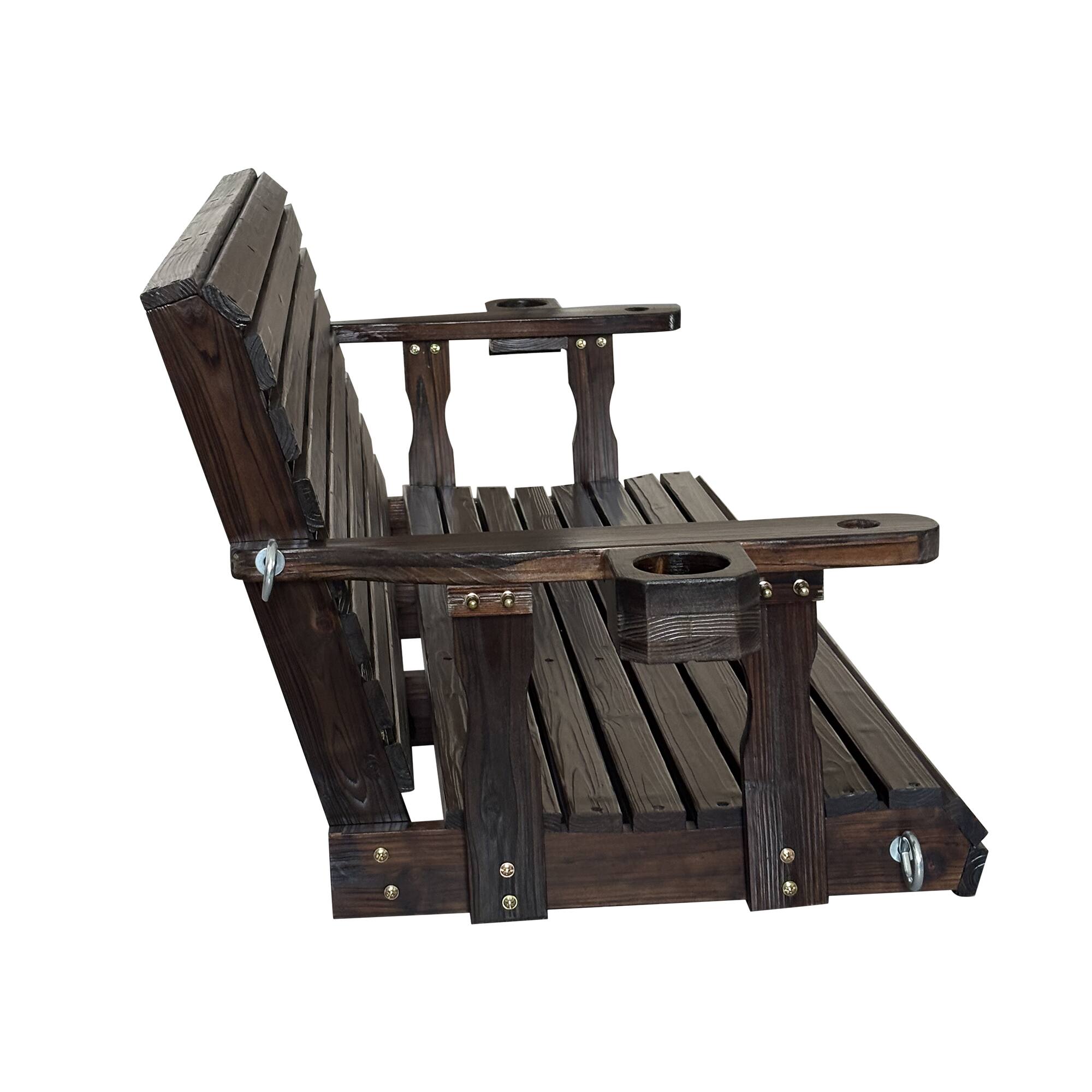 Alt View 6. Fortune Candy - Wooden 3-Seater Porch Swing w/Cupholders , High Back & Deep Seat, Chains & Springs, Heavy Duty 880lbs, 5FT - Deep Brown.