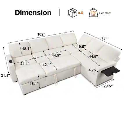 The corrected text based on the image is:
Dimension | x4 350 Per Seat LBS
102" 78" 18.1" 19.5" 44.5" 44.5" 31.1" 24.4" 42.1" 4.7" 18.1" 29.5"
