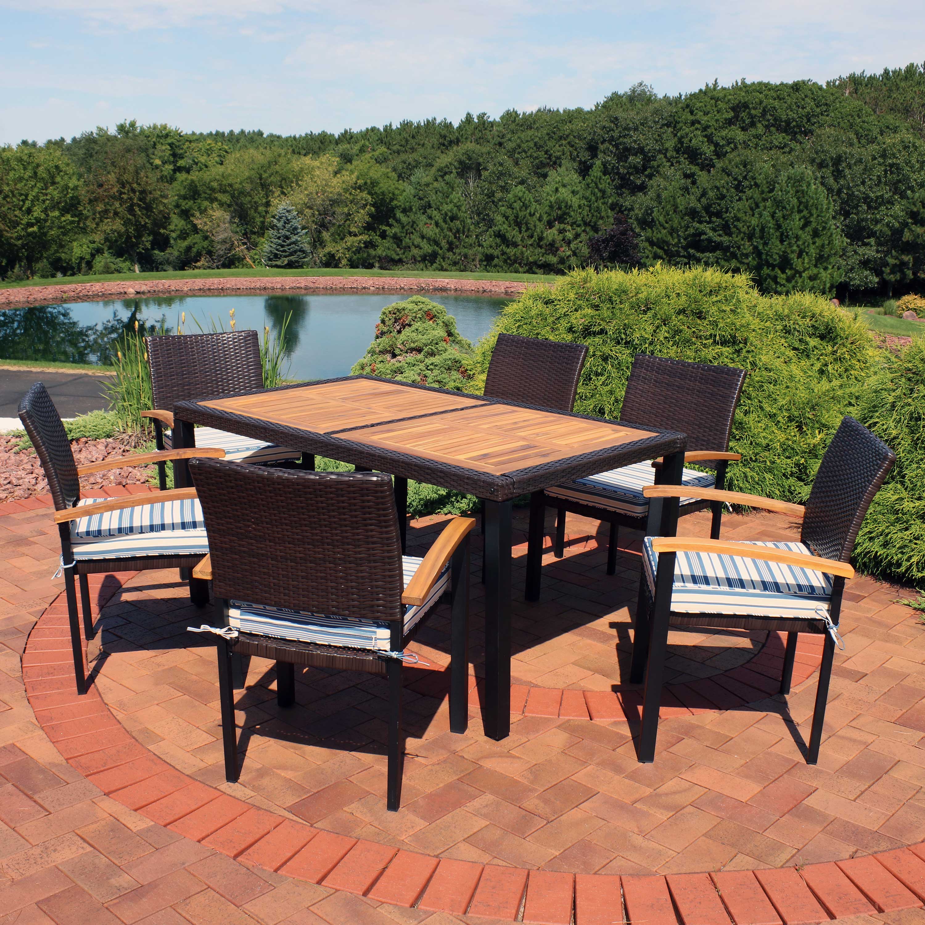 Alt View 1. Sunnydaze - Carlow Resin Wicker 7-Piece Patio Dining Set - Blue Stripe.