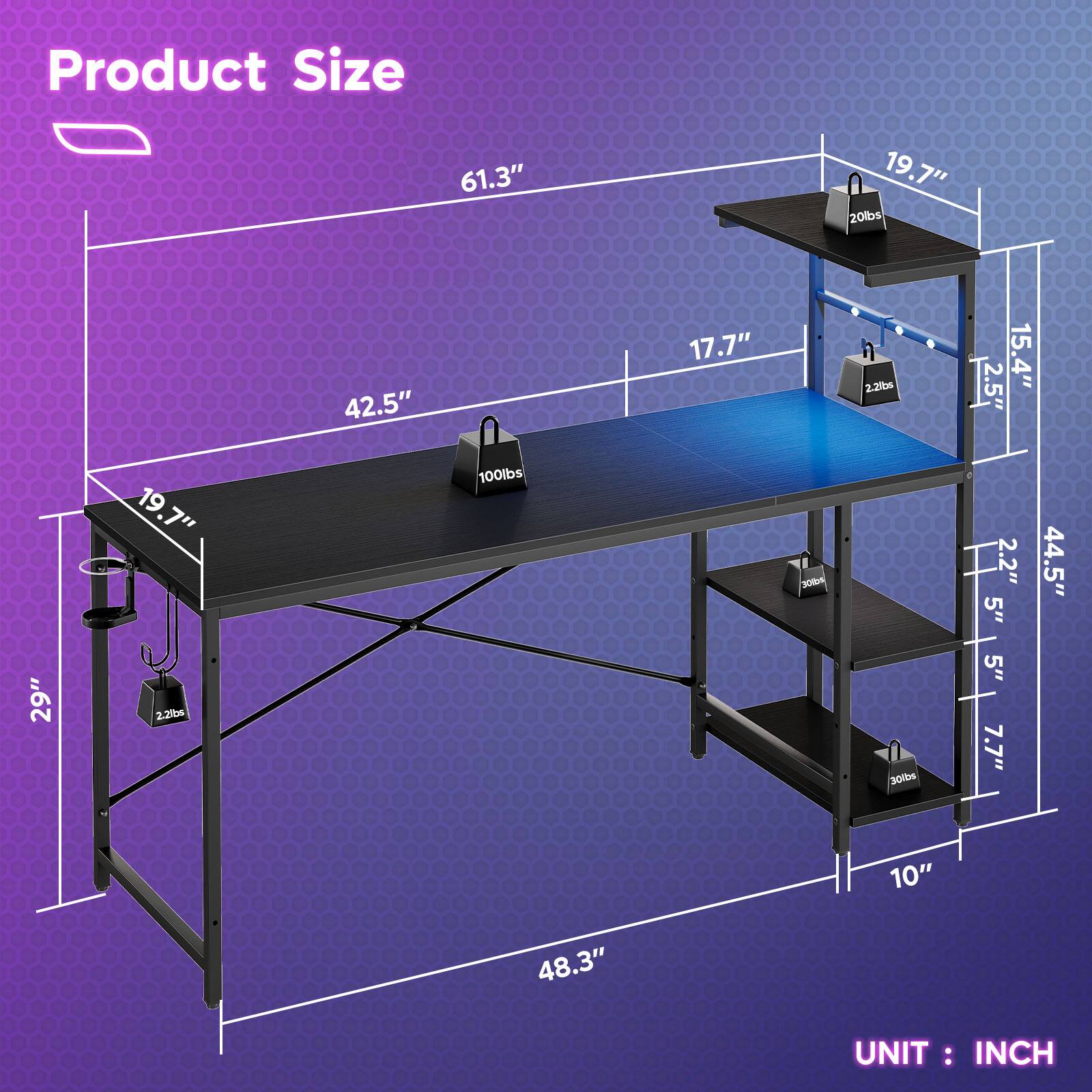 Product Size:
61.3" x 19.7" x 20lbs
42.5" x 17.7" x 2.2bs
2.5" x 15.4" x 19.7" x 100lbs
3m x 2.2" x 5" x 44.5" x 29" x 2.20bs
30ibs x 5" x 7.7" x 10" x 48.3"