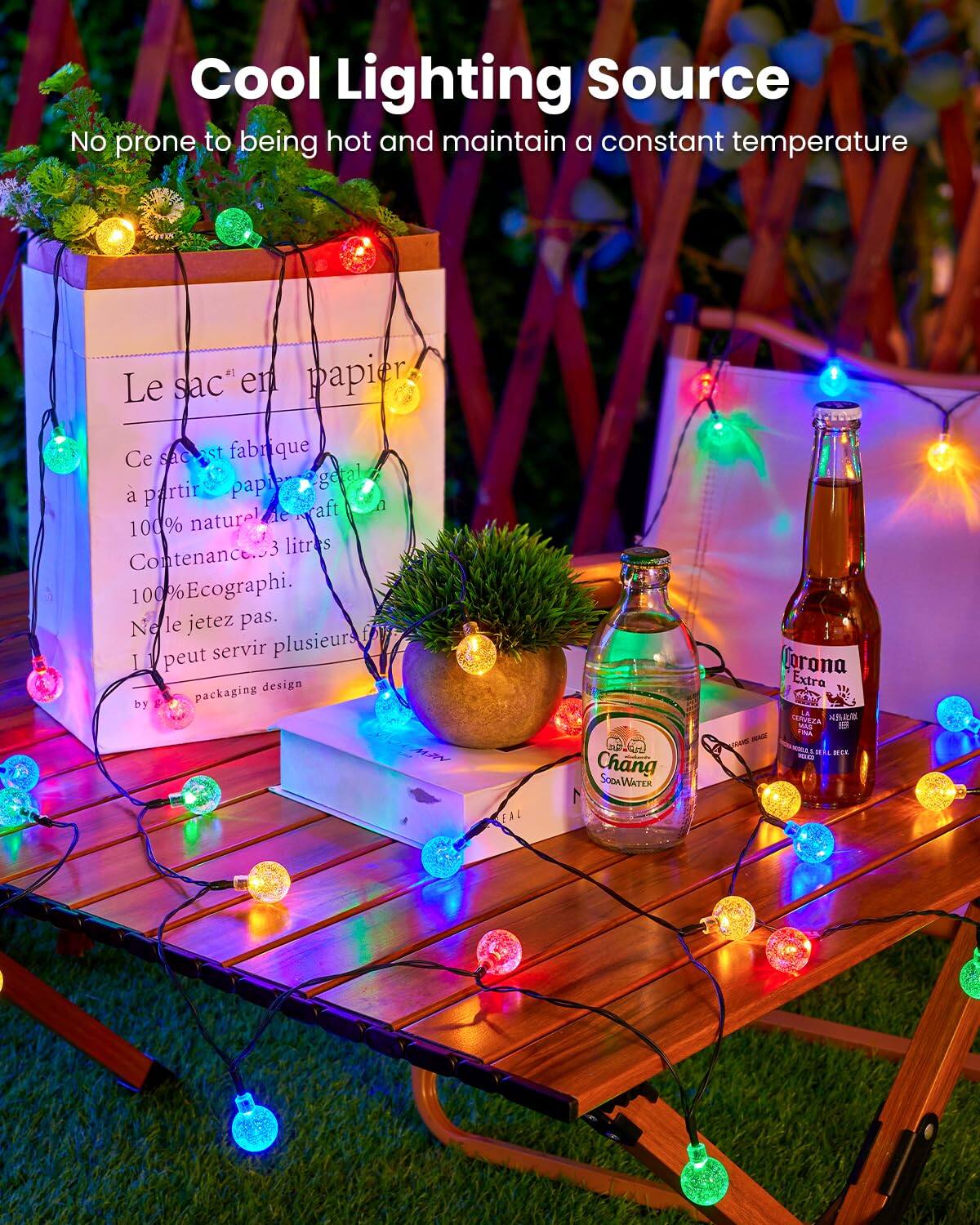 Cool Lighting Source  
No prone to being hot and maintain a constant temperature  

Le sac en papier  
Ce sac est fabriqué à partir de papier gélatine 100% naturel de kraft  
Contenance: 3 litres  
100% Ecographi  
Ne le jetez pas. Il peut servir plusieurs fois  
by packaging design  

Chang Soda Water  
Corona Extra