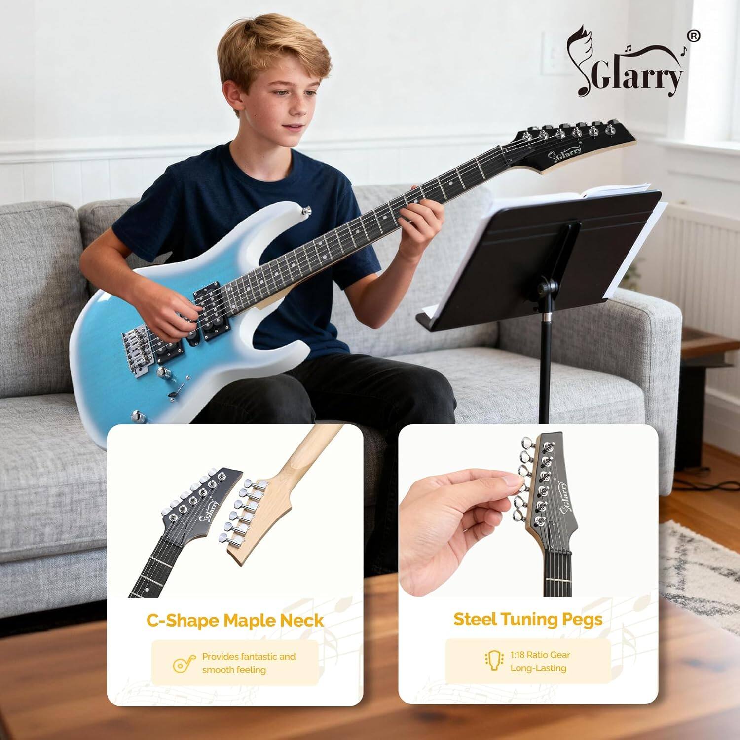 1 Glarry Sctary  
+ Ada C-Shape Maple Neck  
Steel Tuning Pegs  
Provides fantastic and smooth feeling  
1:18 Ratio Gear  
Long-Lasting