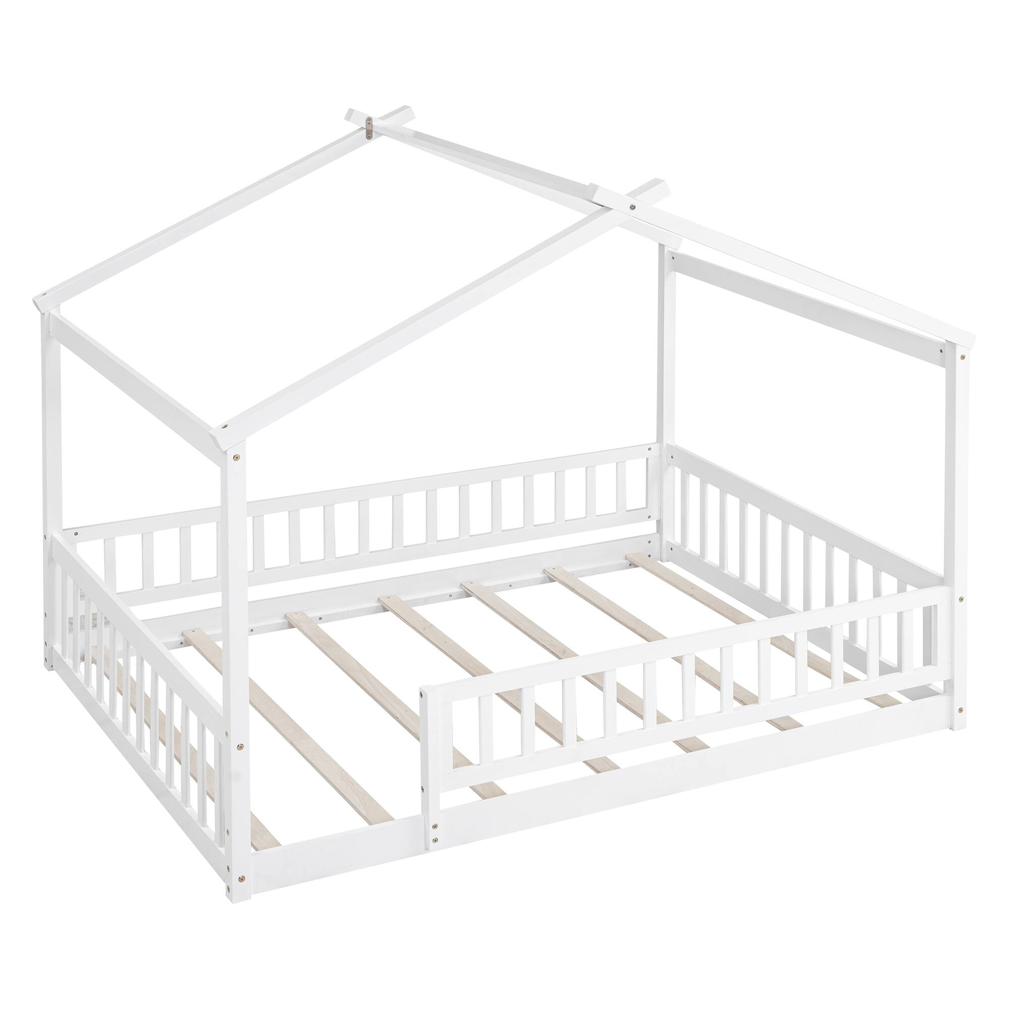 Left. Whisen - Wood House Bed Frame with Fence for Kids and Teens - White.