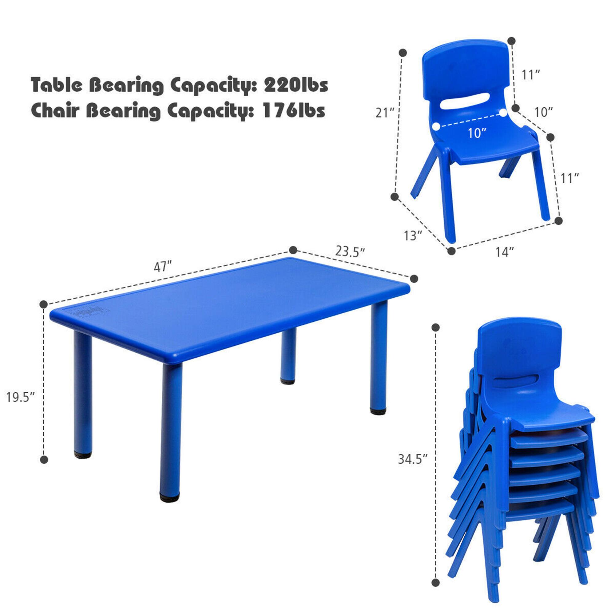 Table Bearing Capacity: 220lbs  
Chair Bearing Capacity: 176lbs  

Dimensions:  
- Table: 47" x 23.5" x 19.5"  
- Chair: 21" x 13" x 14" x 11" x 10" x 11"  
- Stacked Height: 34.5"