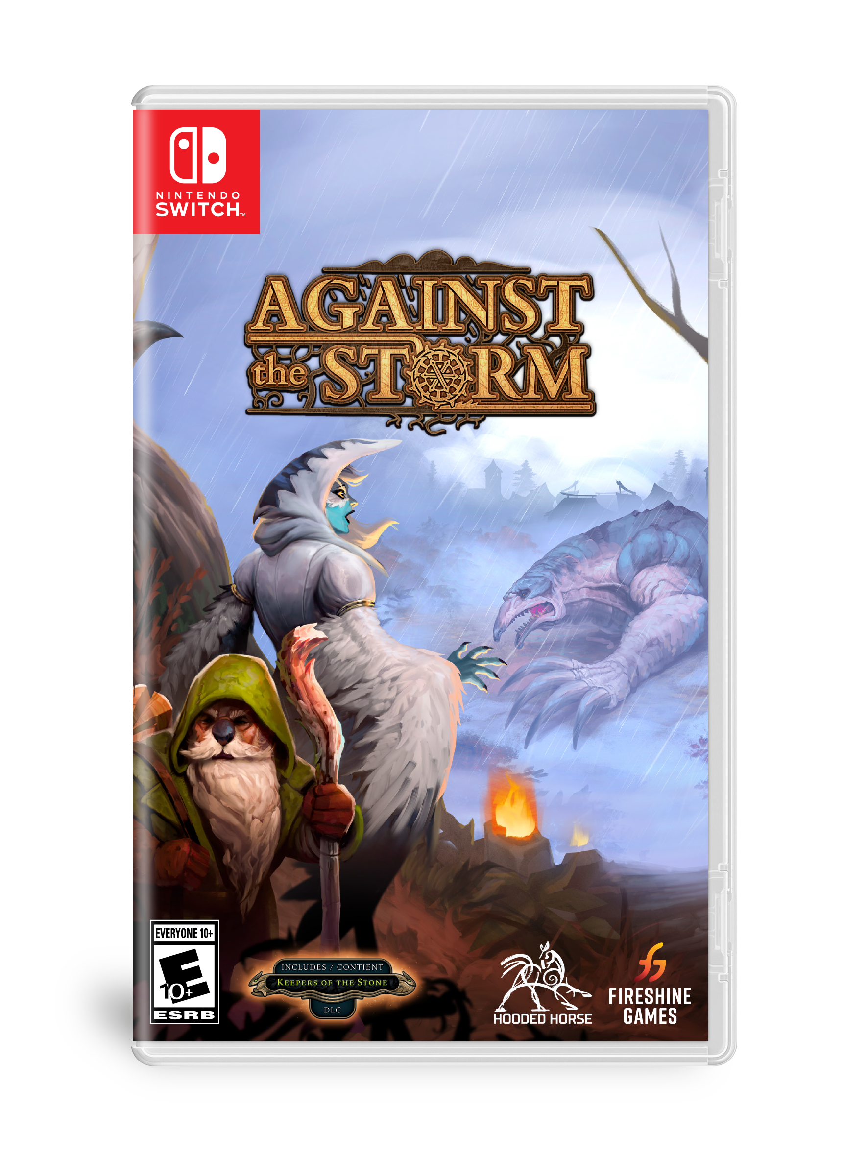 Nintendo Switch game: Against the Storm. Everyone 10+. ESRB rating: E. Includes Keeper of the Stone DLC. Developed by Fire Shine Games.