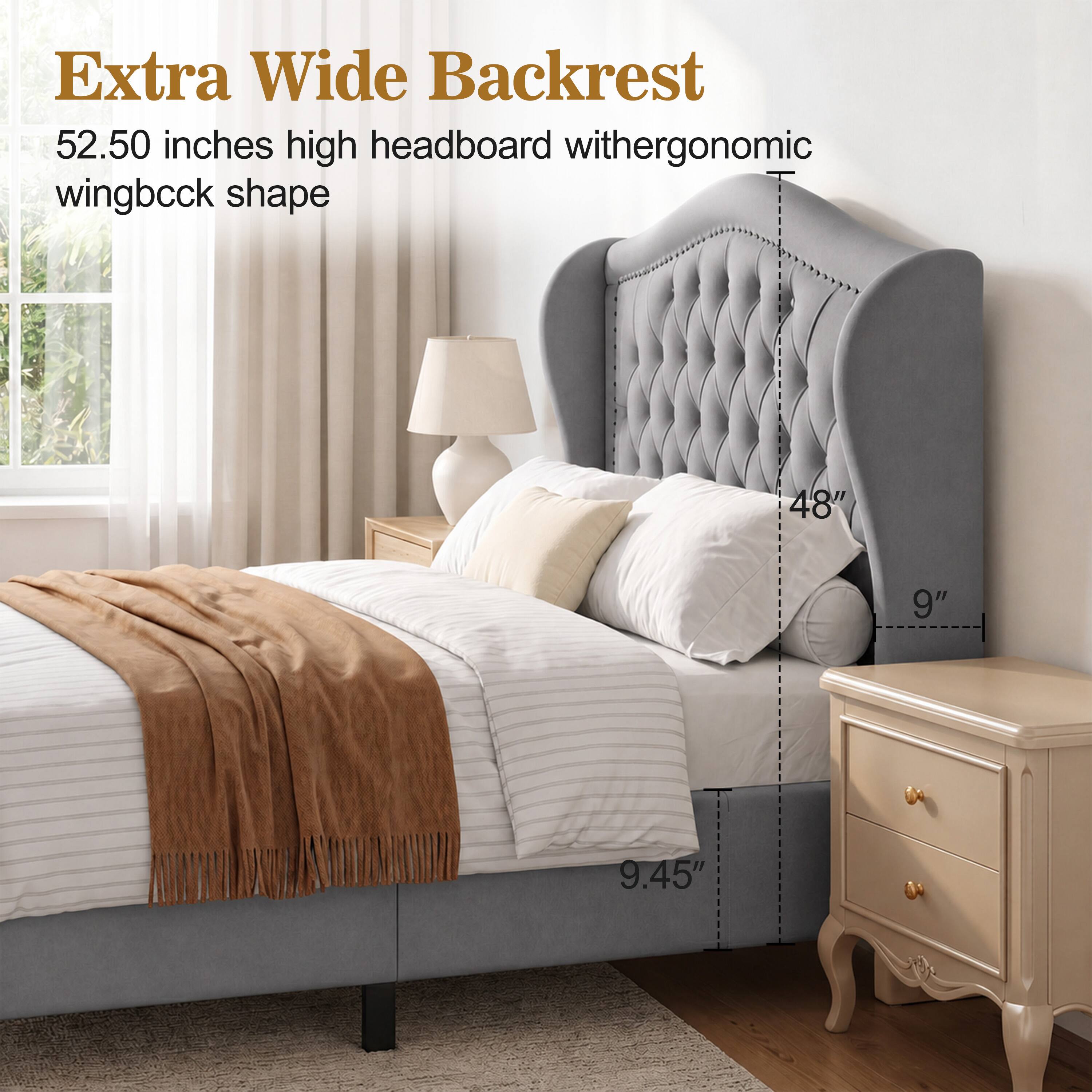 Extra Wide Backrest  
52.50 inches high headboard with ergonomic wingback shape  
48"  
9"  
9.45"