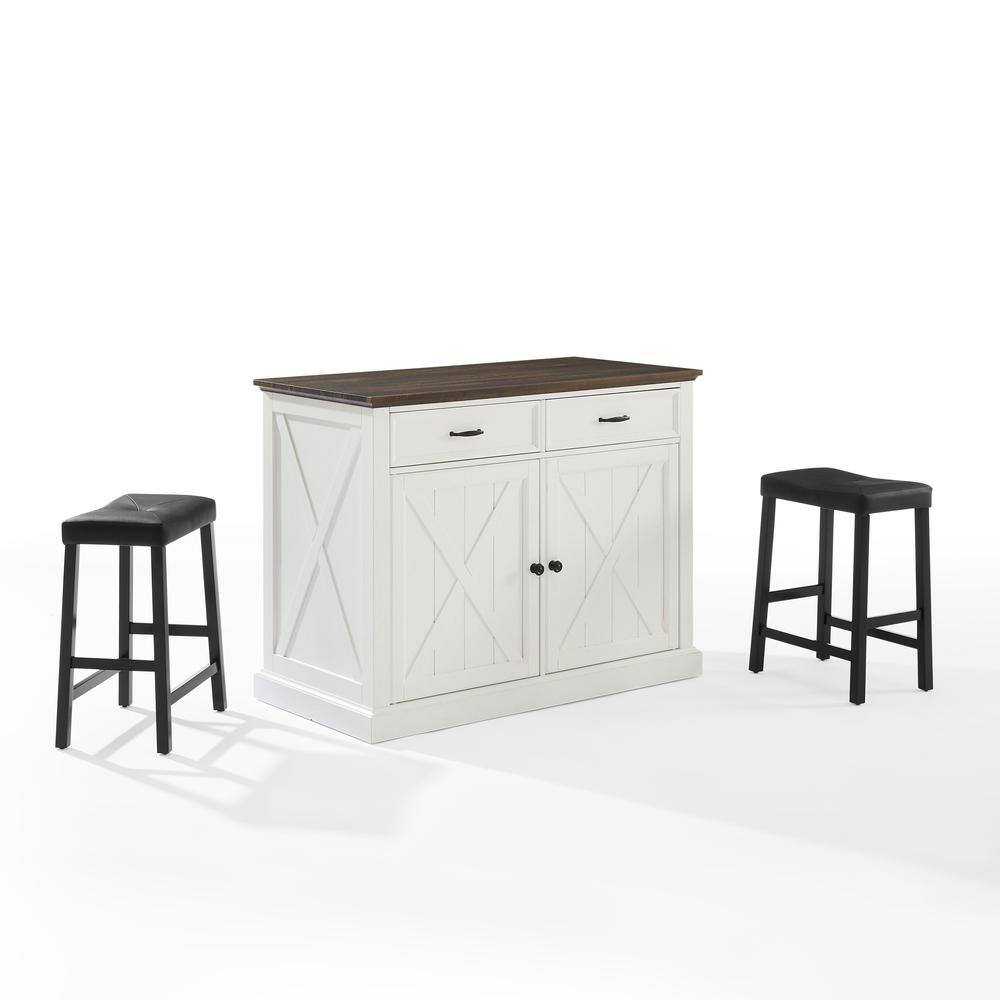 Alt View 3. Crosley Furniture - Clifton Kitchen Island W/Uph Saddle Stools - Kitchen Island & 2 Stools - Distressed White.