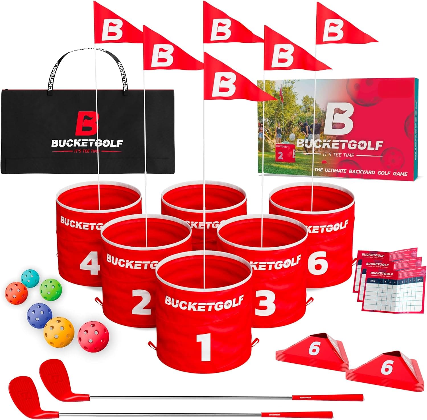 BUCKETGOLF - 6 Hole Bundle Set | Ultimate Backyard Golf Game with 2 Right-Handed Clubs | Portable with Custom Course Design - Red