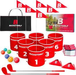 BUCKETGOLF - 6 Hole Bundle Set | Ultimate Backyard Golf Game with 2 Right-Handed Clubs | Portable with Custom Course Design - Red