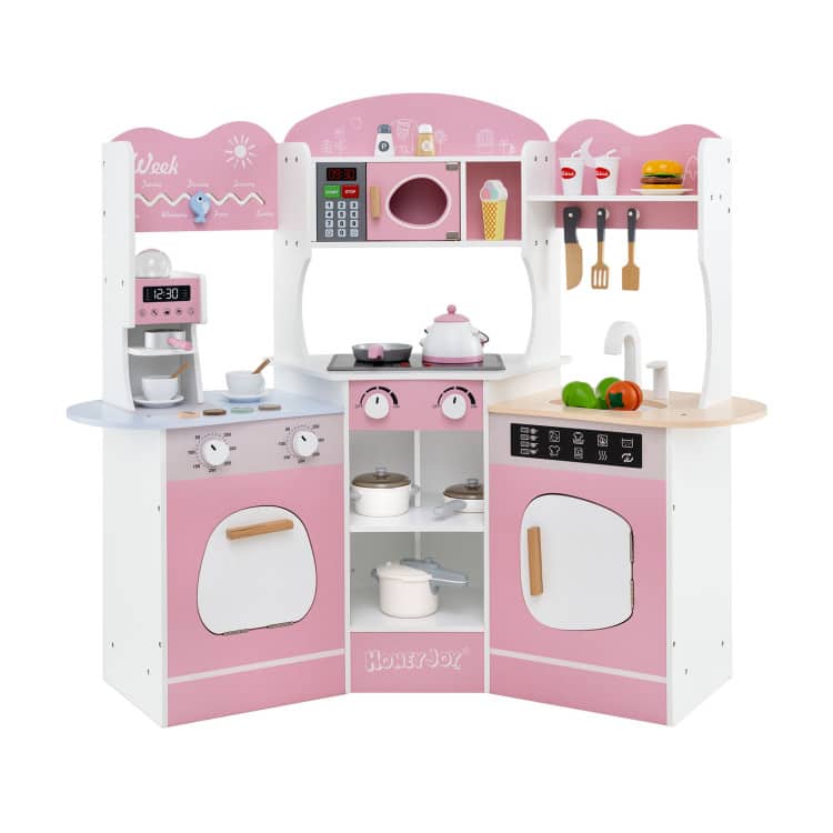 SlickBlue - Wooden Corner Play Kitchen with Built-In Coffee Maker and Slide for Kids - Pink