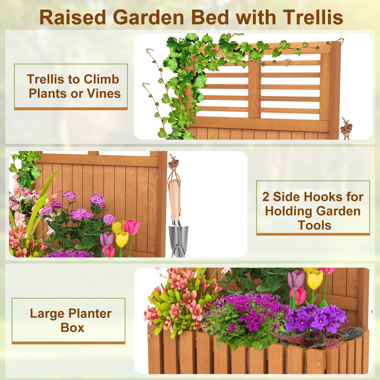 Raised Garden Bed with Trellis: Trellis to Climb Plants or Vines, 2 Side Hooks for Holding Garden Tools, Large Planter Box.