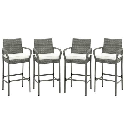 Front. Gymax - Gymax Set of 4 Rattan Patio Bar Stools Outdoor Bar Height Chairs w/ Cushions - Off White.