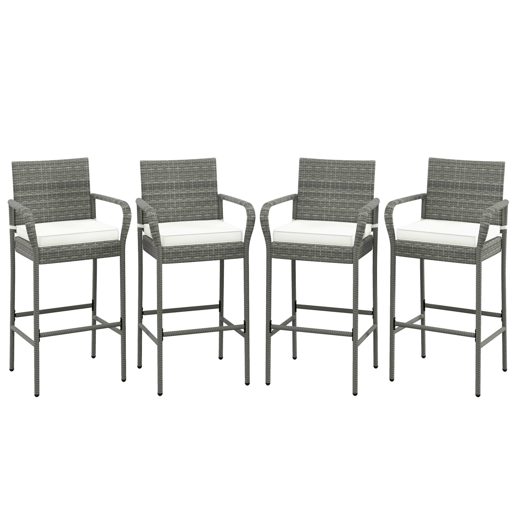 Gymax - Set of 4 Rattan Patio Bar Stools Outdoor Bar Height Chairs w/ Cushions - Off White