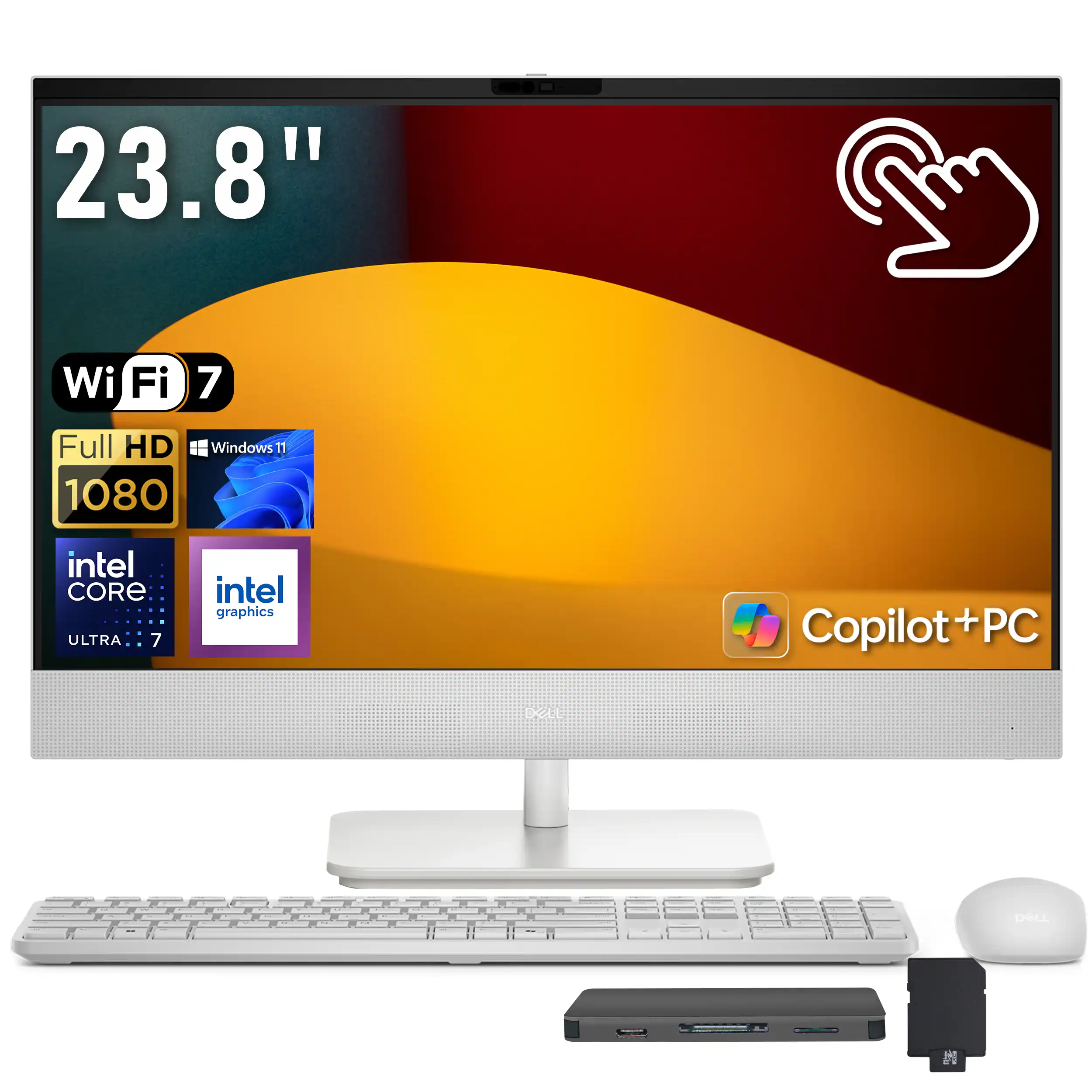 Dell - Upgraded - 23.8" FHD Touch All-in-One Desktop,Intel Ultra 7 355,32GB RAM,2TB SSD+1TB Dock Set,Intel Graphics,Win 11 - White