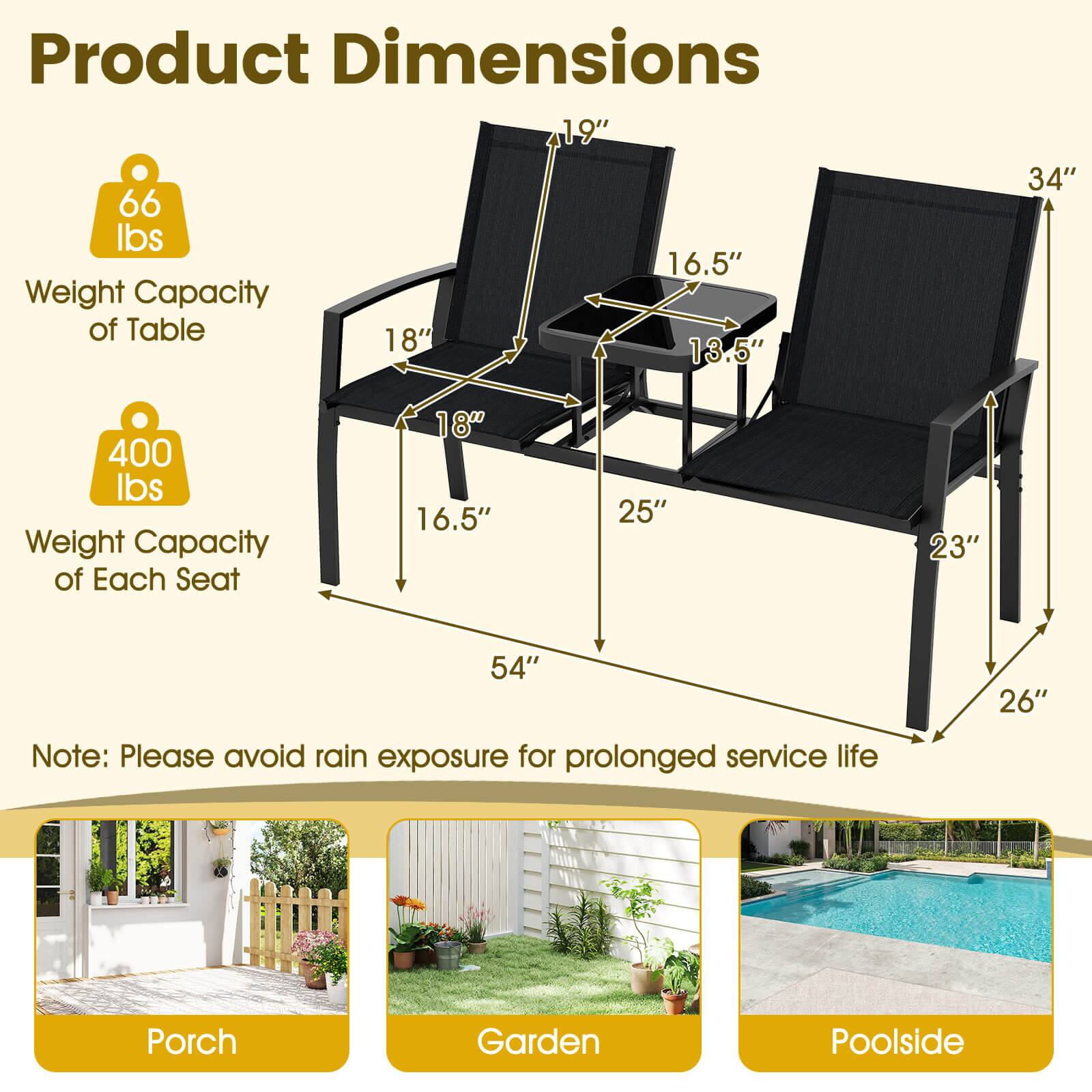 Product Dimensions  
- 19"  
- 66 lbs  
- 16.5"  
- 18"  
- 13.5"  
- 34"  
- 400 lbs  
- 18"  
- 16.5"  
- 25"  
- 23"  
- 54"  
- 26"  

Weight Capacity of Table: 66 lbs  
Weight Capacity of Each Seat: 400 lbs  

Note: Please avoid rain exposure for prolonged service life  

Porch  
Garden  
Poolside