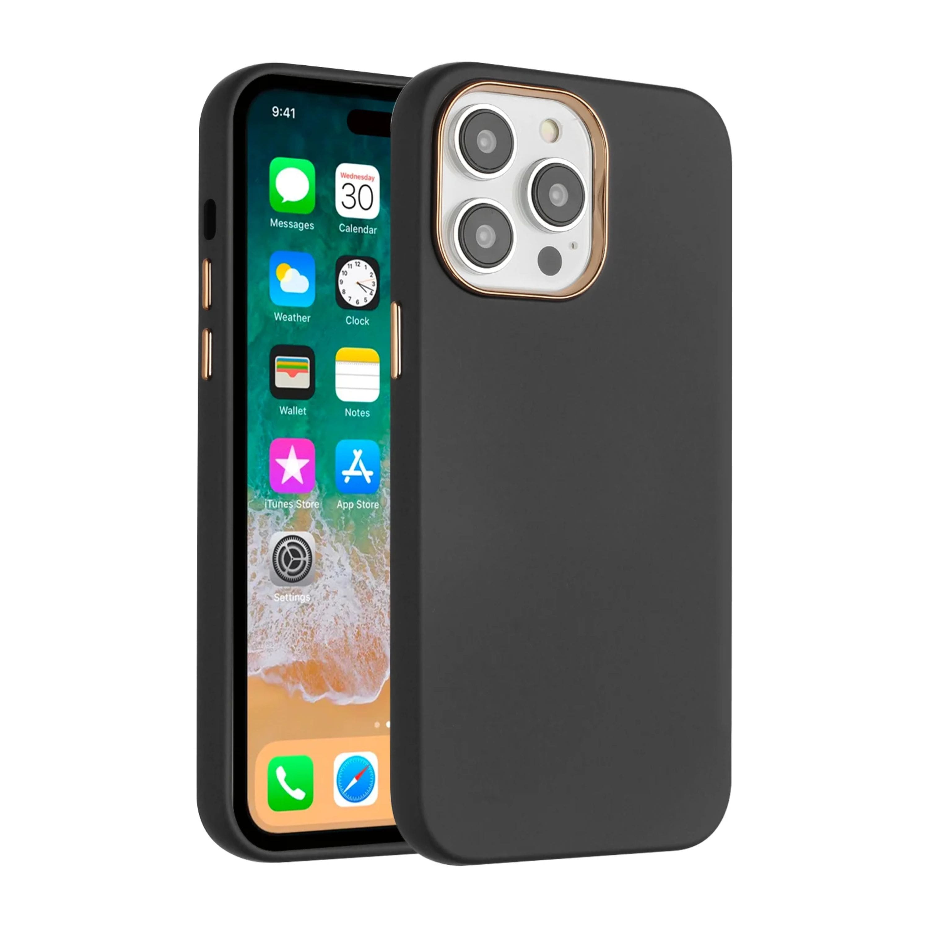 Kitcheniva - Premium Phone Case Chrome Buttons With 2 Pcs Screen Protectors For iPhone 15 Pro Max - Black
