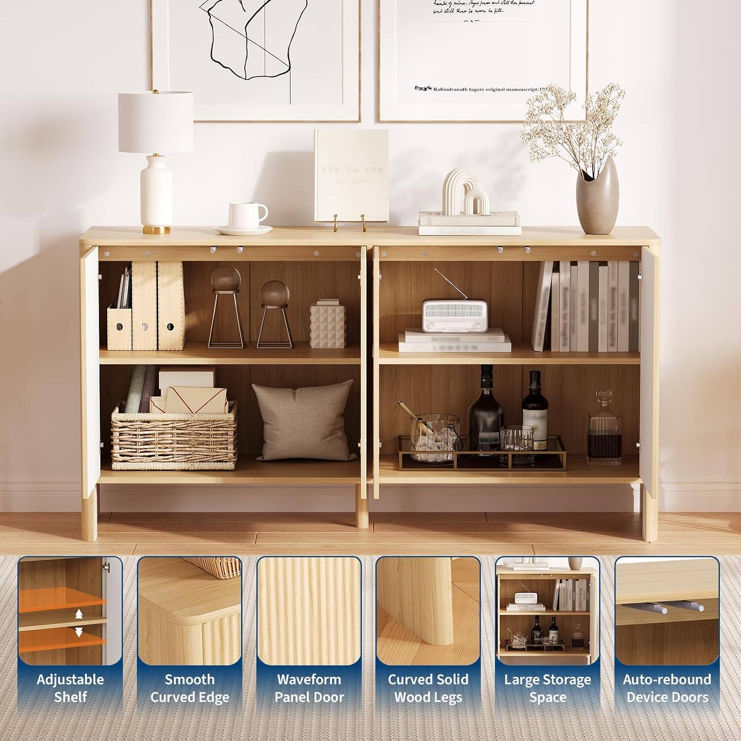 - PLM
- Adjustable Shelf
- Smooth Curved Edge
- Waveform Panel Door
- Curved Solid Wood Legs
- Large Storage Space
- Auto-rebound Device Doors