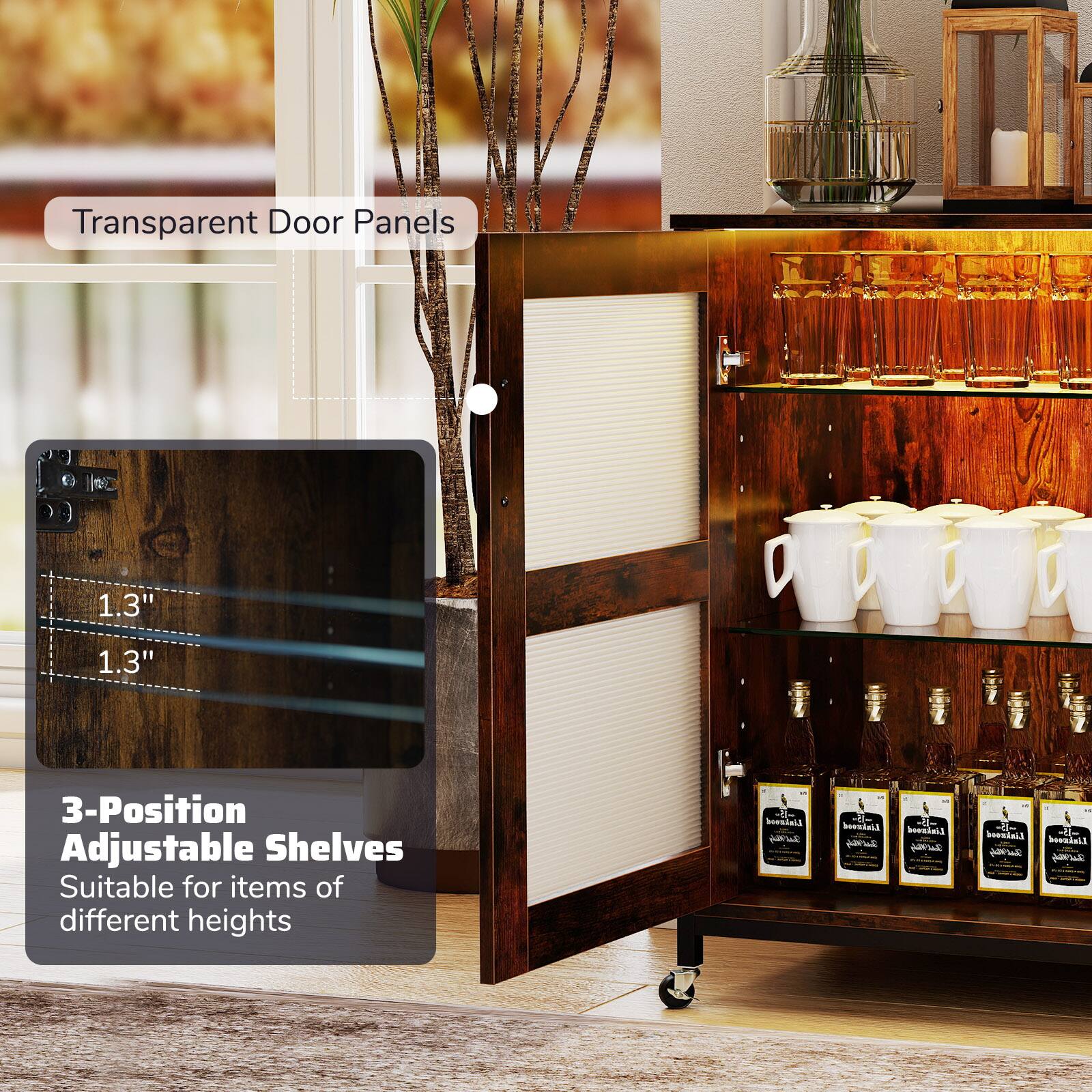 Transparent Door Panels

3-Position Adjustable Shelves  
Suitable for items of different heights