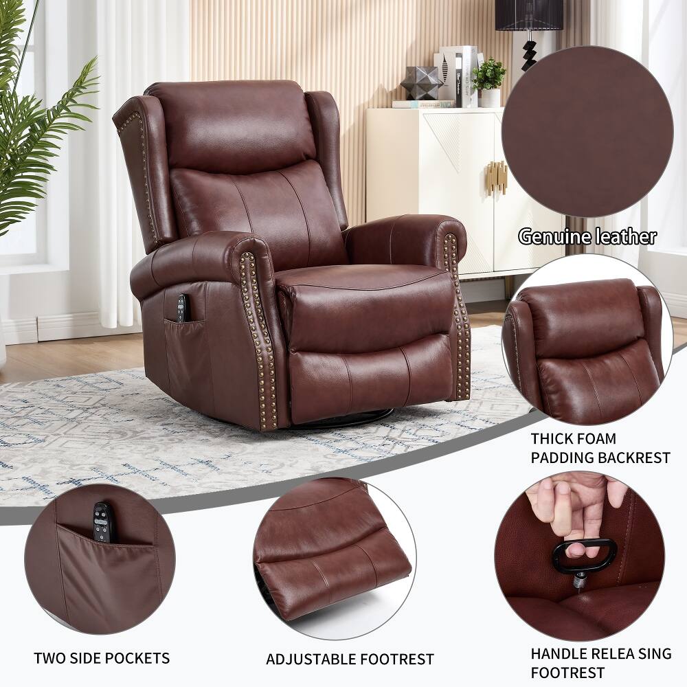 Genuine leather  
THICK FOAM PADDING BACKREST  
TWO SIDE POCKETS  
ADJUSTABLE FOOTREST  
HANDLE RELEASE FOOTREST