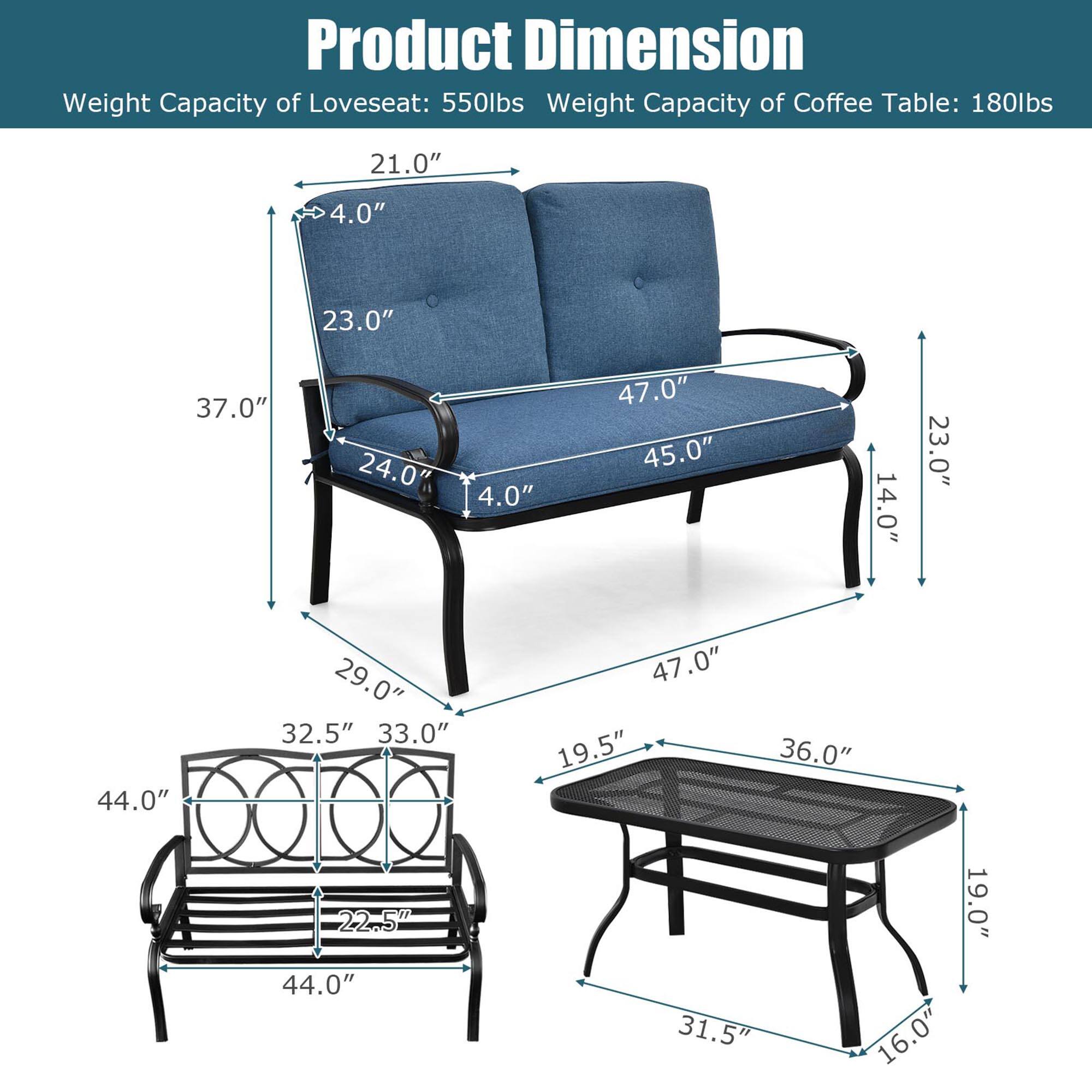 Product Dimension
Weight Capacity of Loveseat: 550lbs
Weight Capacity of Coffee Table: 180lbs

Loveseat Dimensions:
- Height: 21.0"
- Width: 4.0"
- Depth: 23.0"
- Overall Height: 37.0"
- Arm Height: 24.0"
- Arm Width: 4.0"
- Overall Width: 47.0"
- Back Height: 45.0"
- Seat Height: 14.0"
- Back Depth: 23.0"

Coffee Table Dimensions:
- Height: 19.5"
- Width: 36.0"
- Depth: 19.0"
- Leg Width: 16.0"