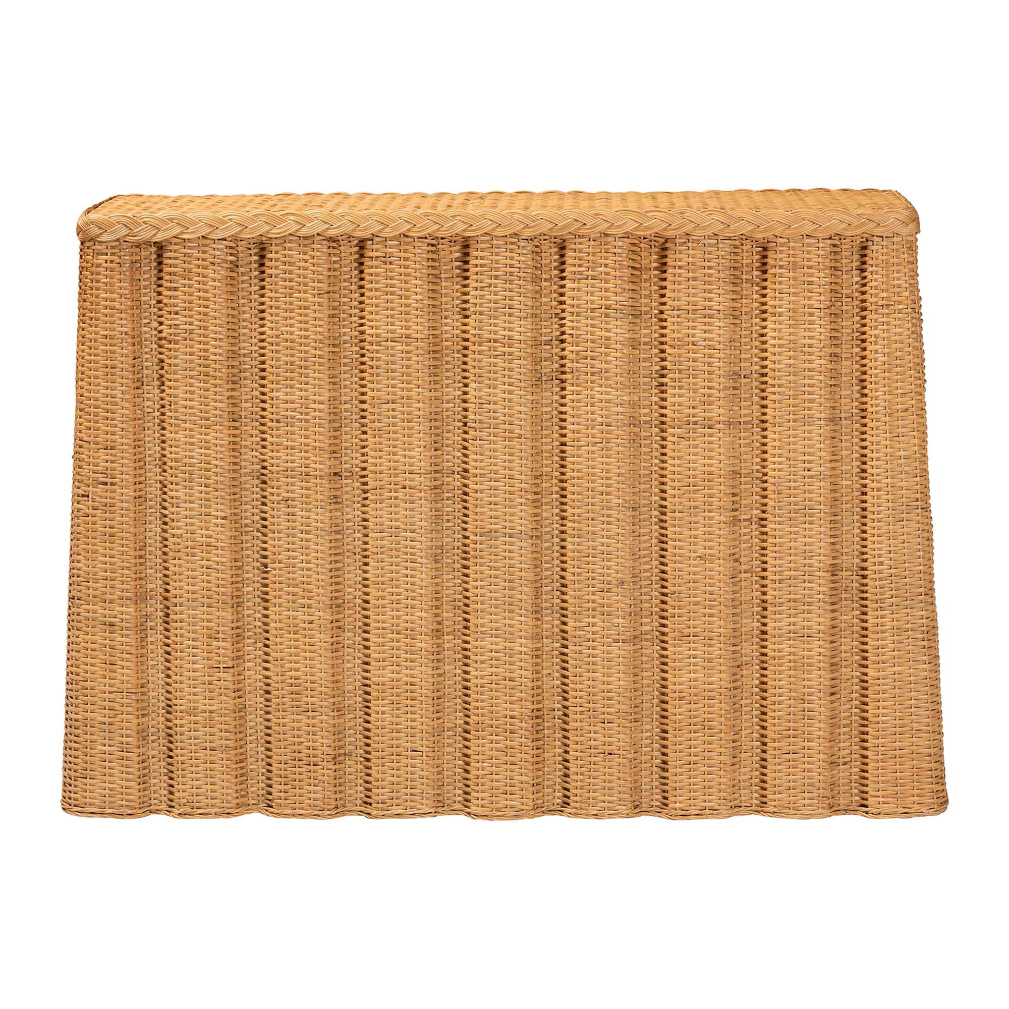 Angle. bali & pari - Andrea Natural Rattan Console Table - Handwoven Wicker Accent Table with Pleated Skirt, Boho Coastal Decor - Light Honey.