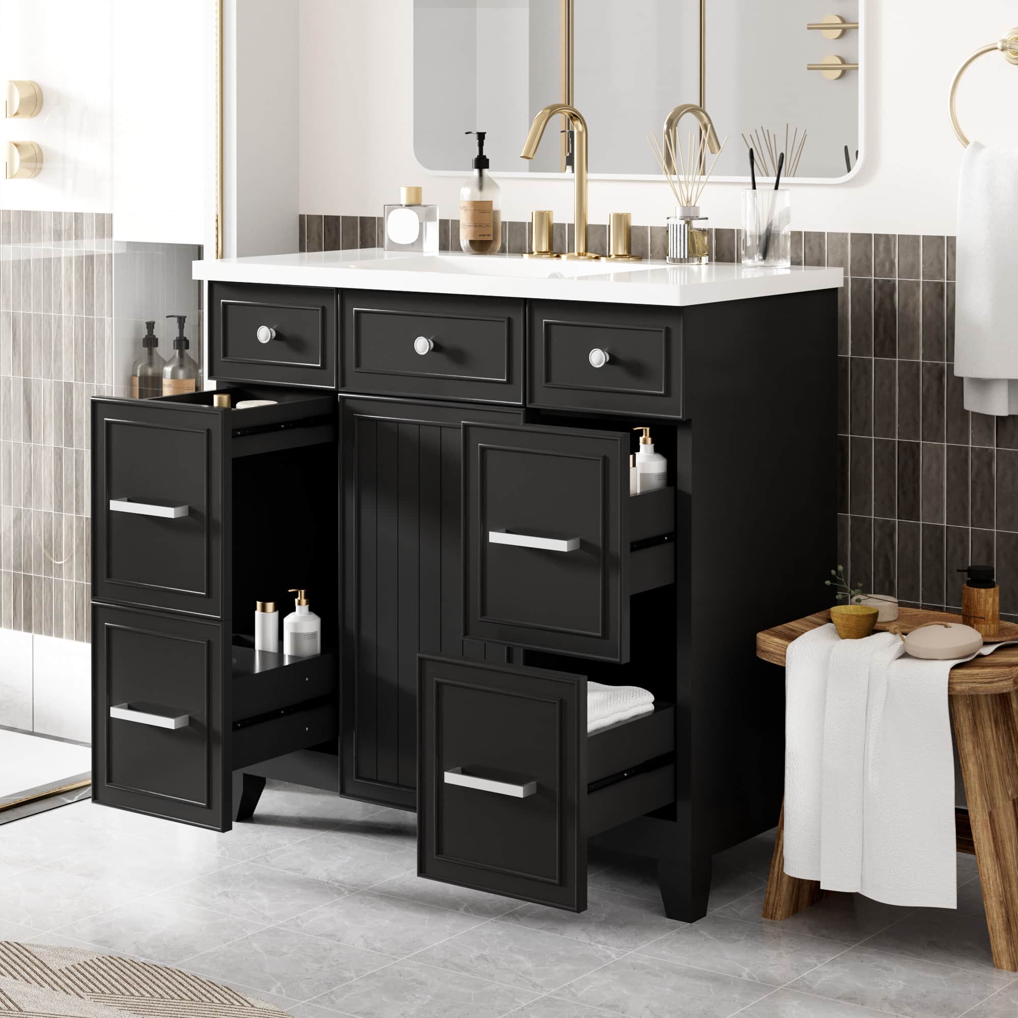 Tiramisubest - 36" Bathroom Vanity Cabinet with Sink Top Combo Set , ,Single Sink,Shaker Cabinet with 3 Drawers - Black