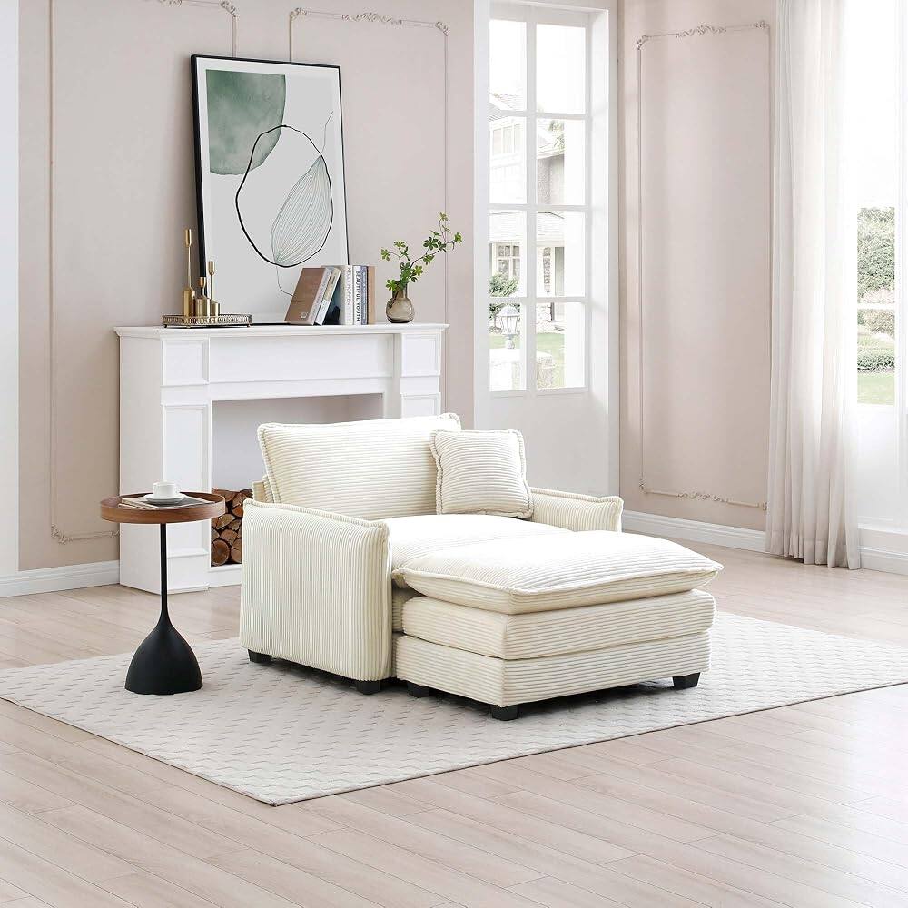 Back. JUJABU - Beige Corduroy Fabric 46" Single Lounge Accent Chair with 1 Ottoman, Foam Cushions, Removable Armrest - Beige.
