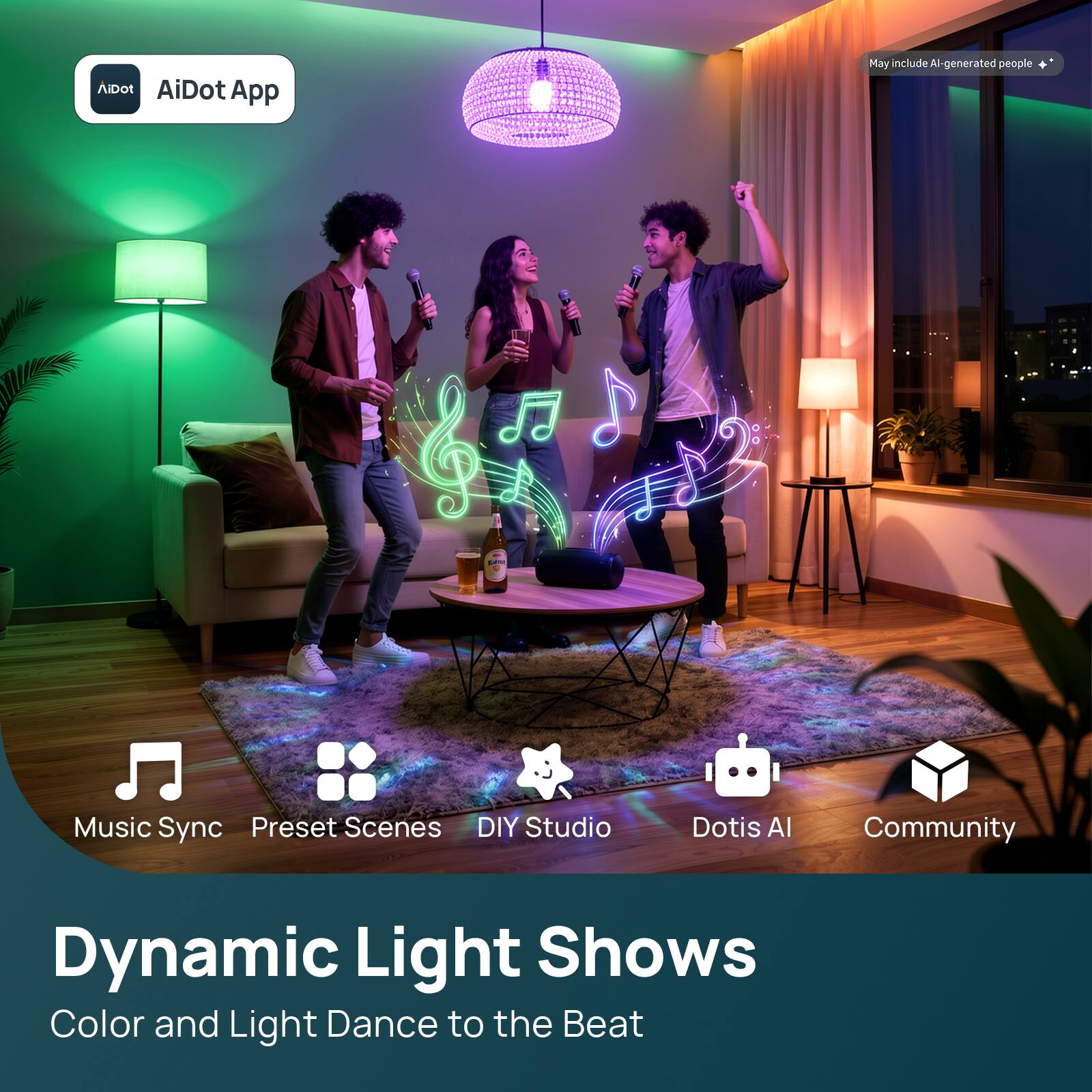 AiDot App  
May include AI-generated people +  
Music Sync Preset Scenes DIY Studio  
Dotis AI  
Community  
Dynamic Light Shows  
Color and Light Dance to the Beat