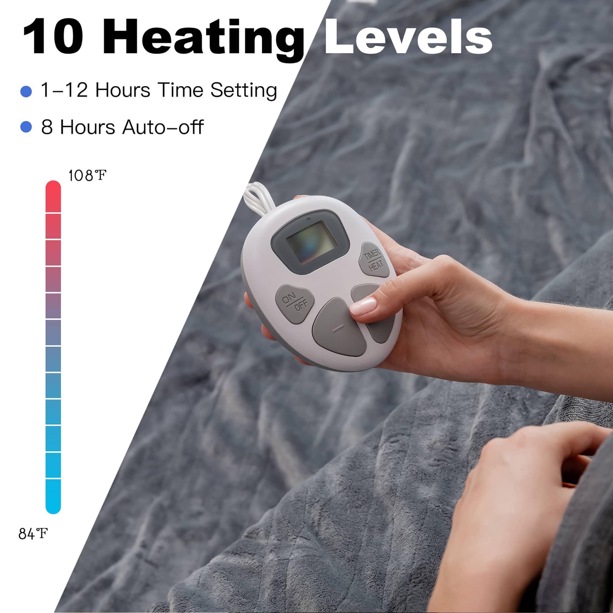 10 Heating Levels: 1-12 Hours Time Setting, 8 Hours Auto-off, 108F Timer Heat On/Off, 84F.