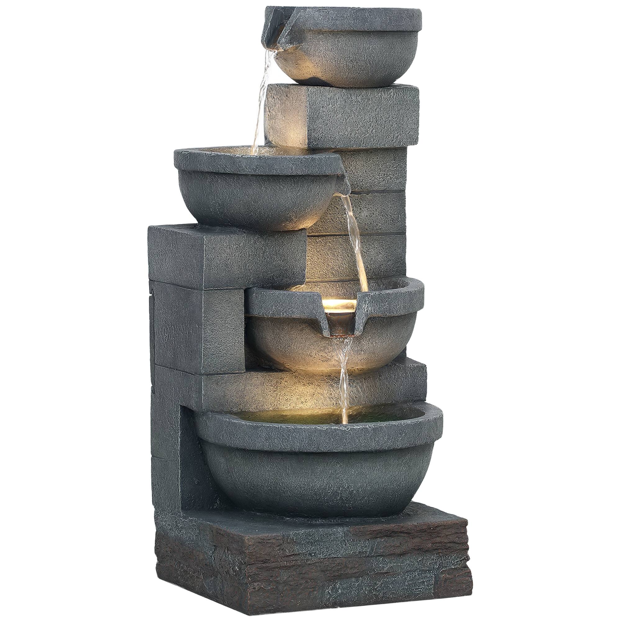 Front. Outsunny - 30" Tall Outdoor Waterfall Fountain with LED Lights, 4-Tier Resin Cascading Water Bowls with Pump - Gray.