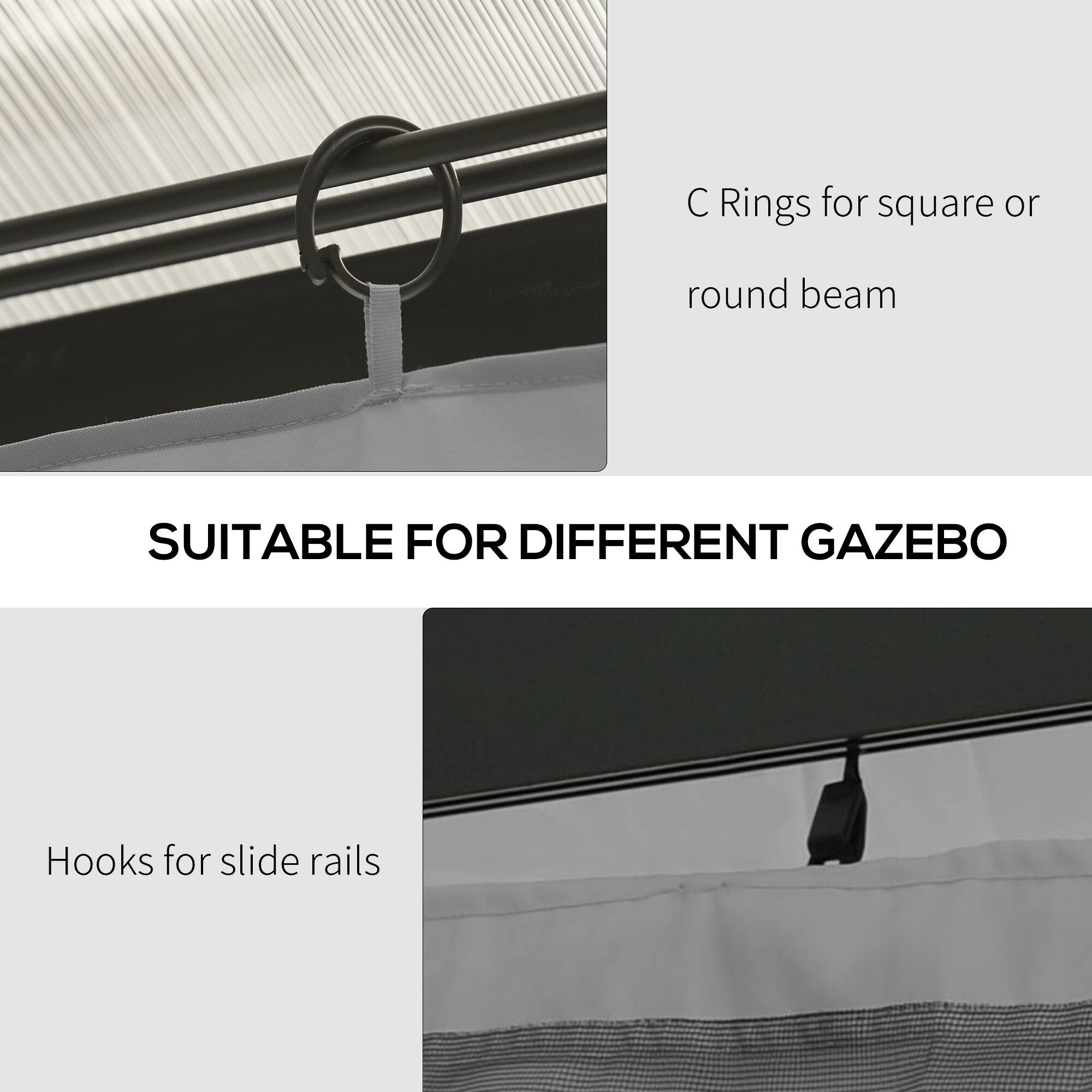 C Rings for square or round beam  
SUITABLE FOR DIFFERENT GAZEBO  
Hooks for slide rails