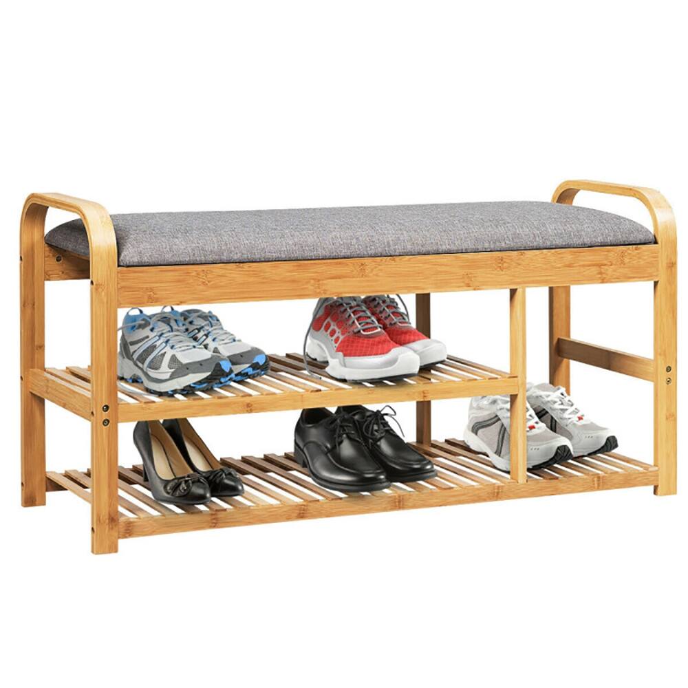 Alt View 4. Kadyn - 3-Tier Bamboo Shoe Rack Bench with Cushion-Natural, Space-Saving Shoe Rack Organizer for Closet Entryway - Brown.