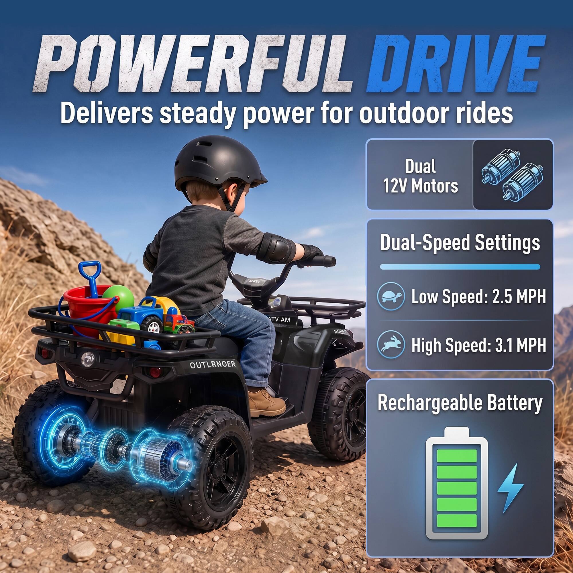 POWERFUL DRIVE  
Delivers steady power for outdoor rides

Dual 12V Motors

Dual-Speed Settings  
Low Speed: 2.5 MPH  
High Speed: 3.1 MPH

Rechargeable Battery