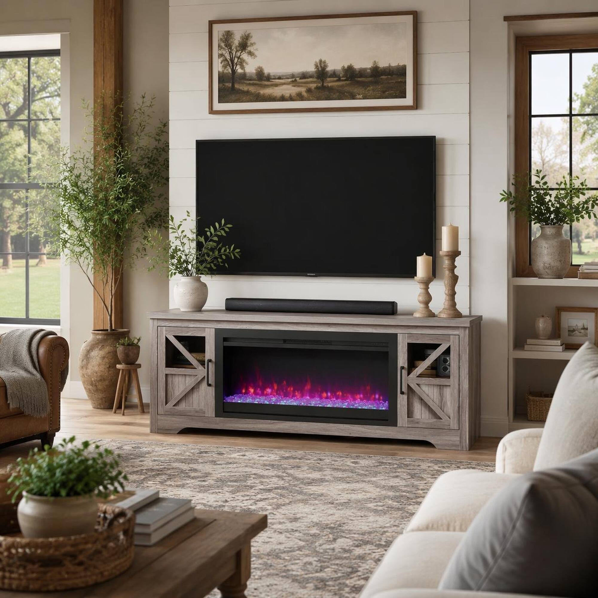 Angle. RYHNUYNE - 75" Fireplace TV Stand for TVs up to 80" – Electric Fireplace Cabinet with 44" Insert & Multicolor Flame - Gray Wash.