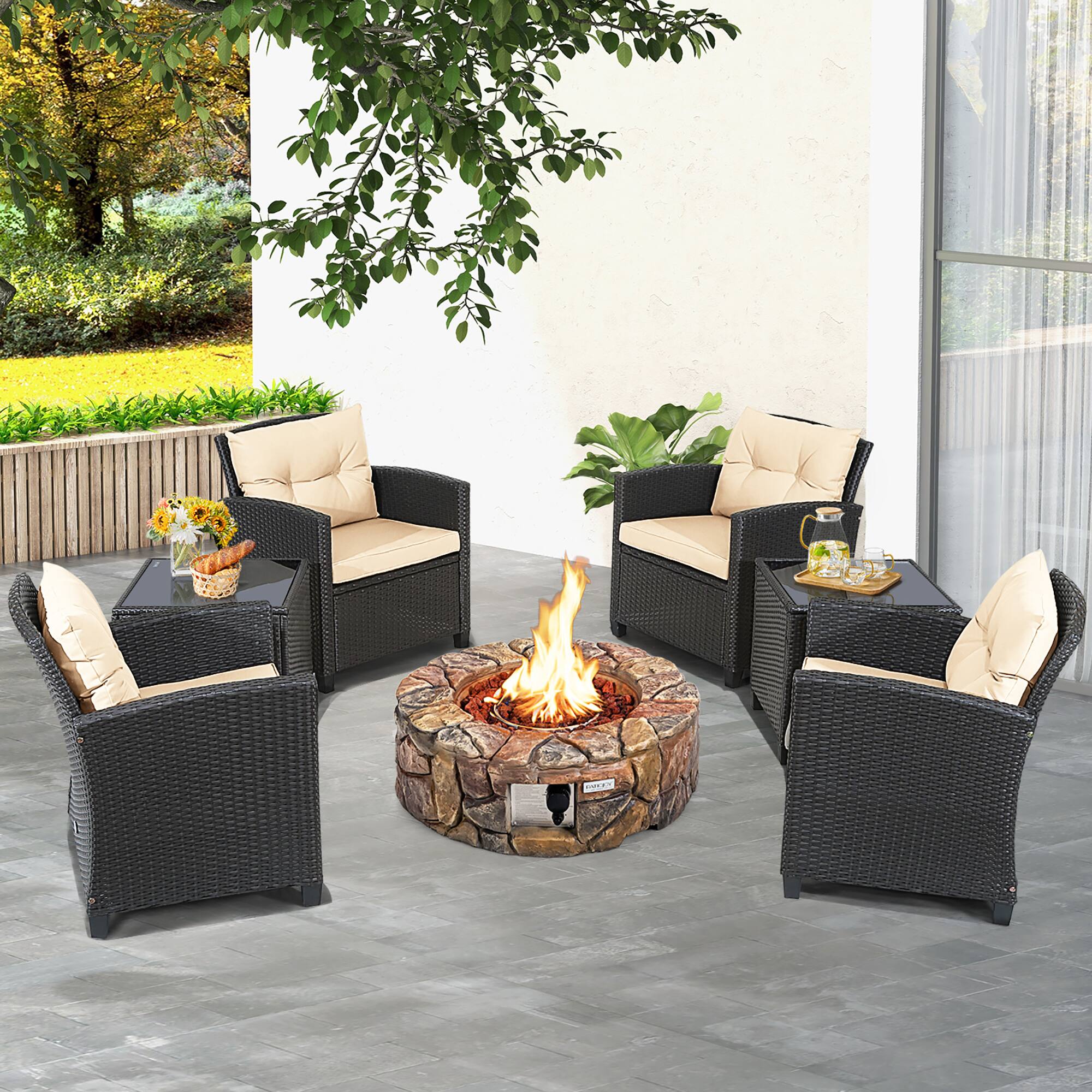 Alt View 1. Costway - Costway 7PCS Patio Rattan Wicker Furniture Set Gas Fire Pit Table Sofa Cushion - Mix Brown,Beige.