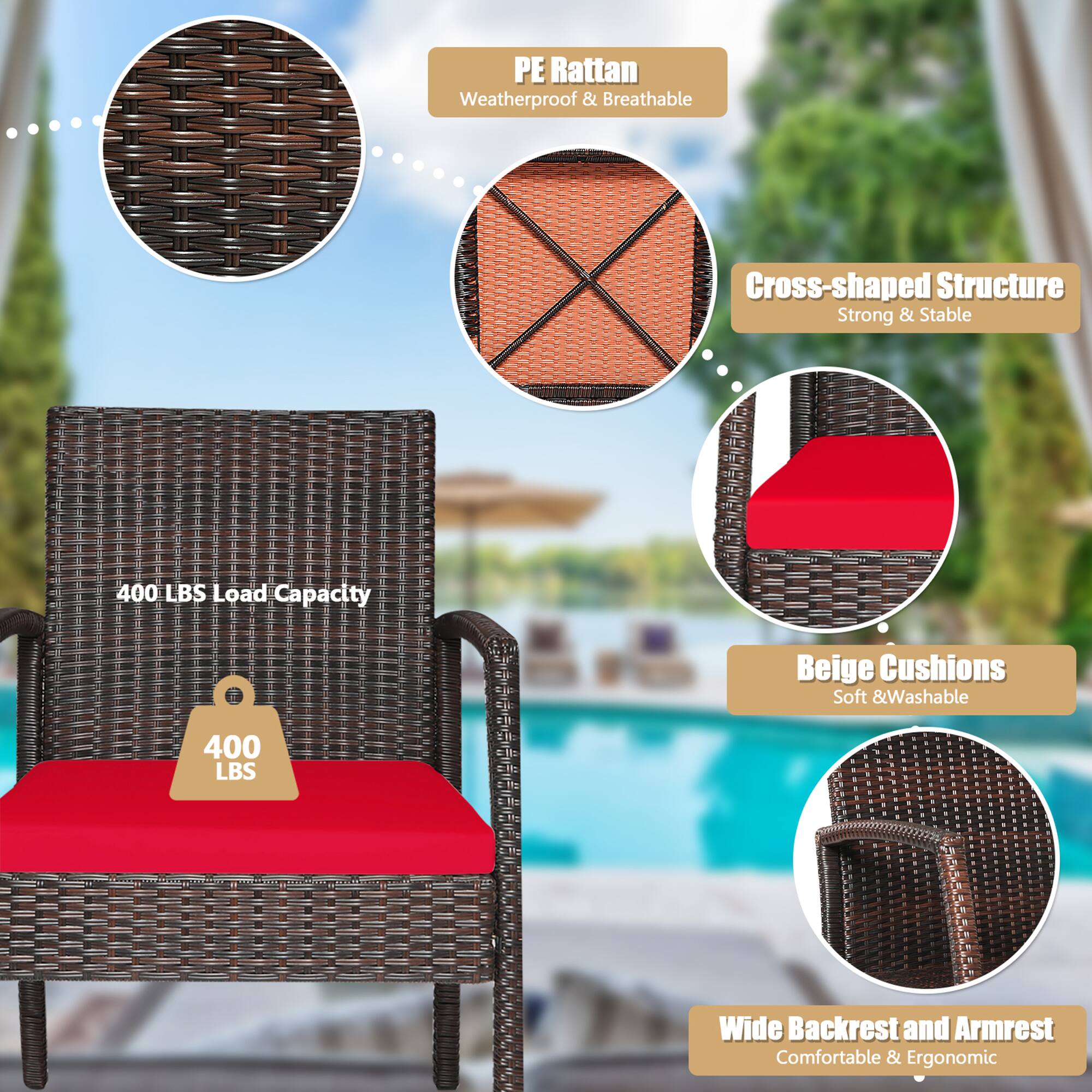 PE Rattan Weatherproof & Breathable, Cross-shaped Structure Strong & Stable, 400 LBS Load Capacity, Beige Cushions Soft & Washable, 400 LBS, Wide Backrest and Armrest Comfortable & Ergonomic
