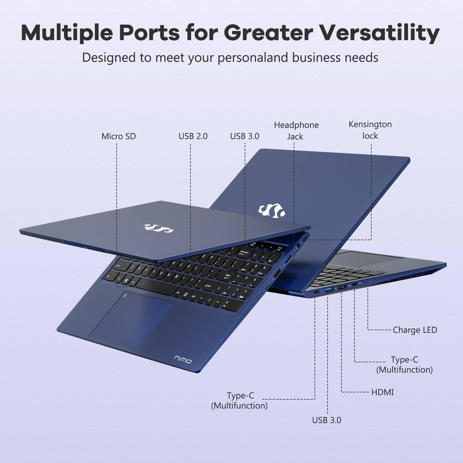 Multiple Ports for Greater Versatility  
Designed to meet your personal and business needs  

- Micro SD  
- USB 2.0  
- USB 3.0  
- Headphone Jack  
- Kensington lock  
- Charge LED  
- Type-C (Multifunction)  
- Type-C (Multifunction)  
- USB 3.0  
- HDMI