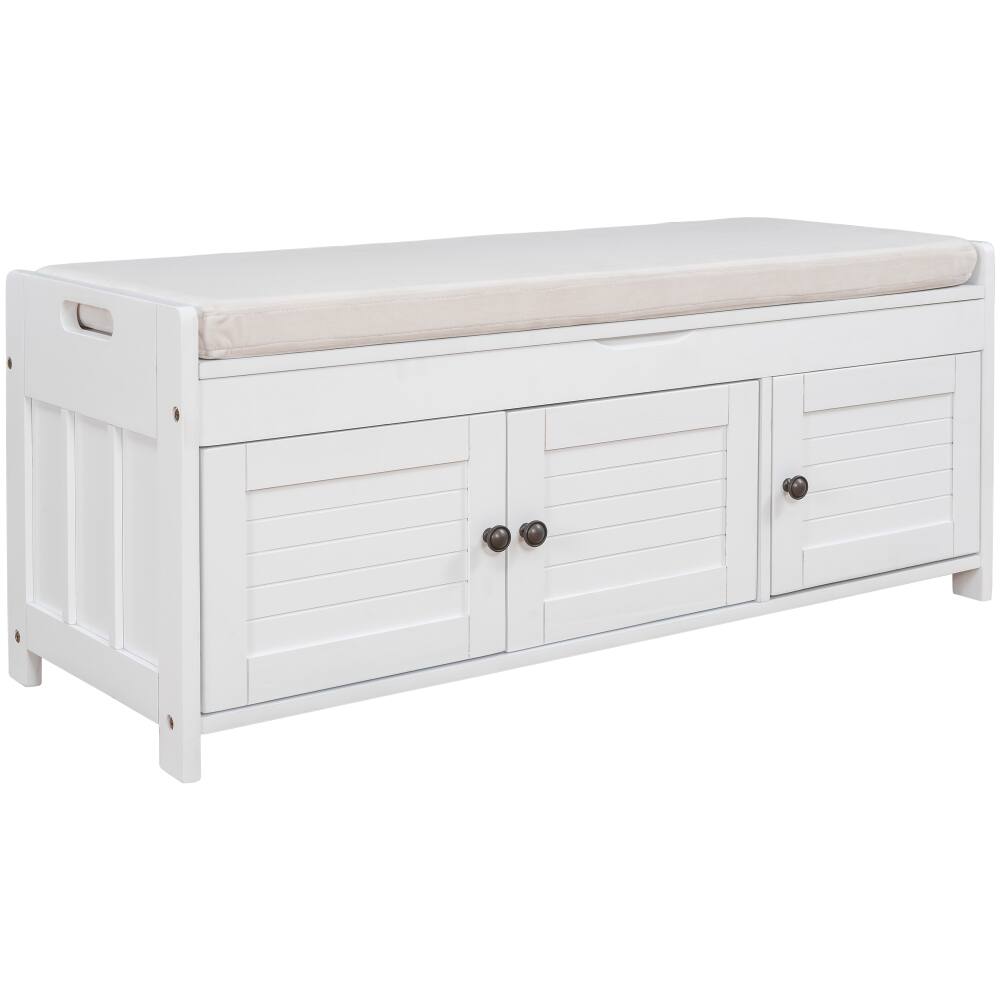 Alt View 1. Ropilly - Ropilly White Storage Bench with Cushion and Shutter Doors, Entryway Shoe Bench with Hidden Storage, 43.5 Inch - White.