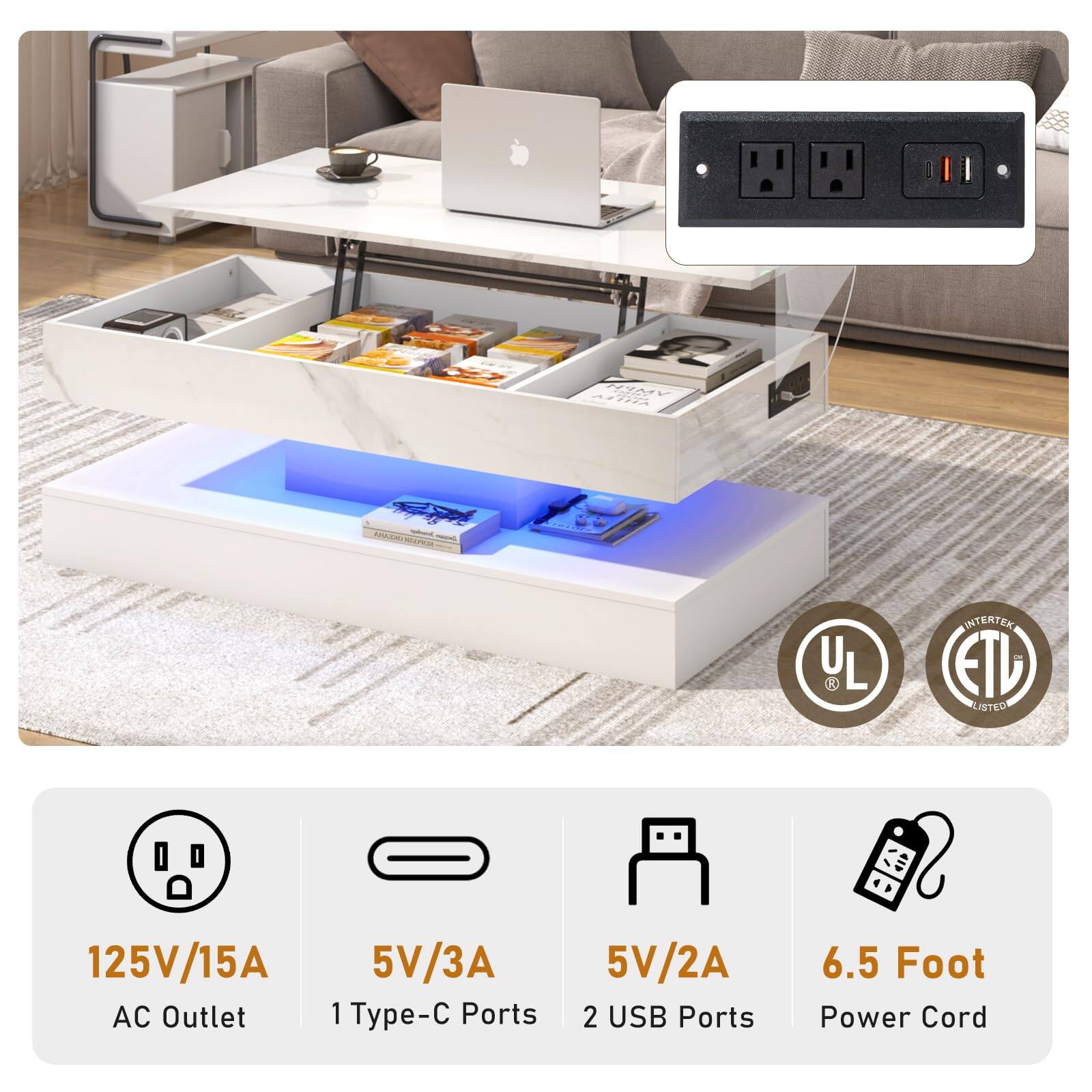 NF A E AA MUTEN UL U L INTERTEN ETD LISTED 125V/15A 5V/3A AC Outlet 1 Typ-C Ports 5V/2A 2 USB Ports 6.5 Foot Power Cord
