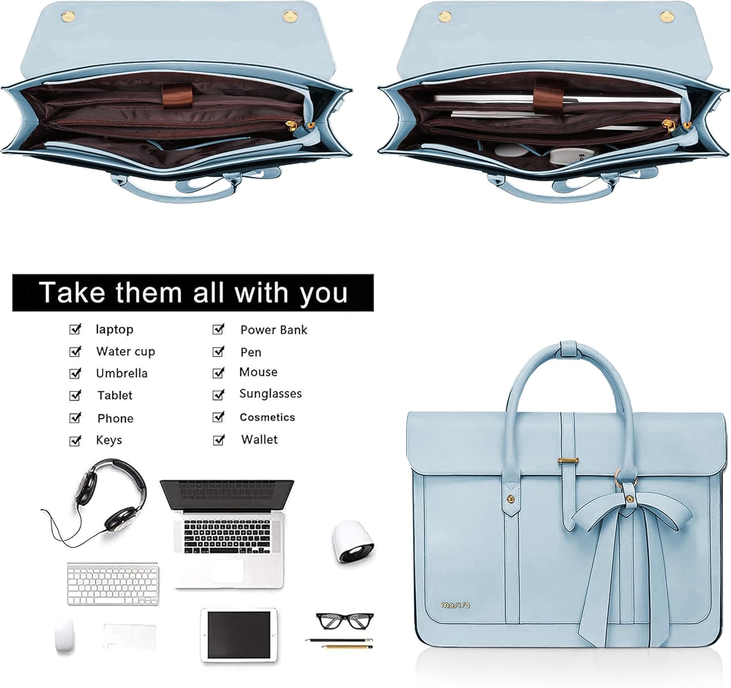Take them all with you

- Laptop
- Power Bank
- Water cup
- Pen
- Umbrella
- Mouse
- Tablet
- Sunglasses
- Phone
- Cosmetics
- Keys
- Wallet