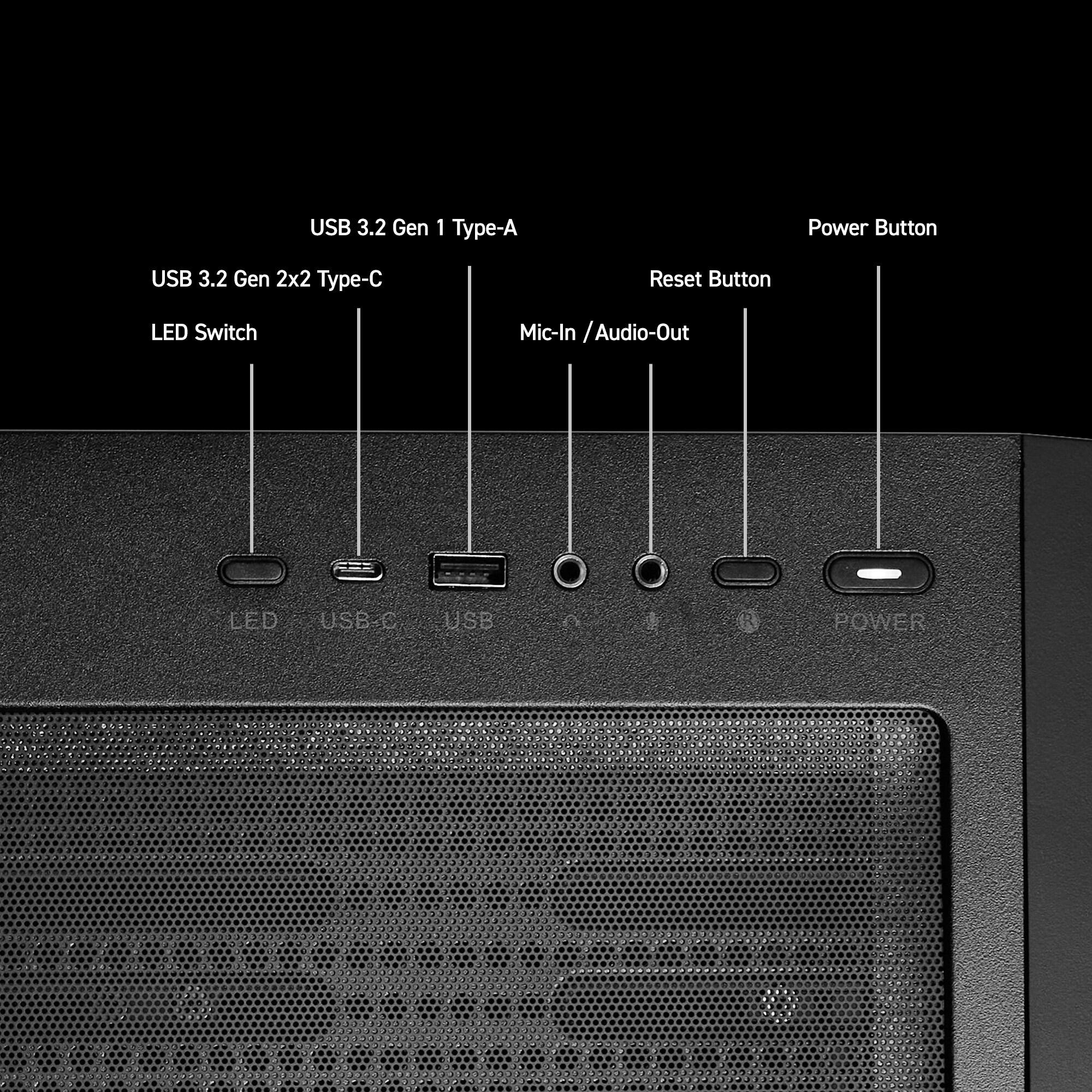 The image shows a computer with several buttons and ports labeled. The labels include "USB 3.2 Gen 1 Type-A," "USB 3.2 Gen 2x2 Type-C," "Reset Button," "Power Button," "LED Switch," "Mic-In / Audio-Out," and "LED USB.C."
