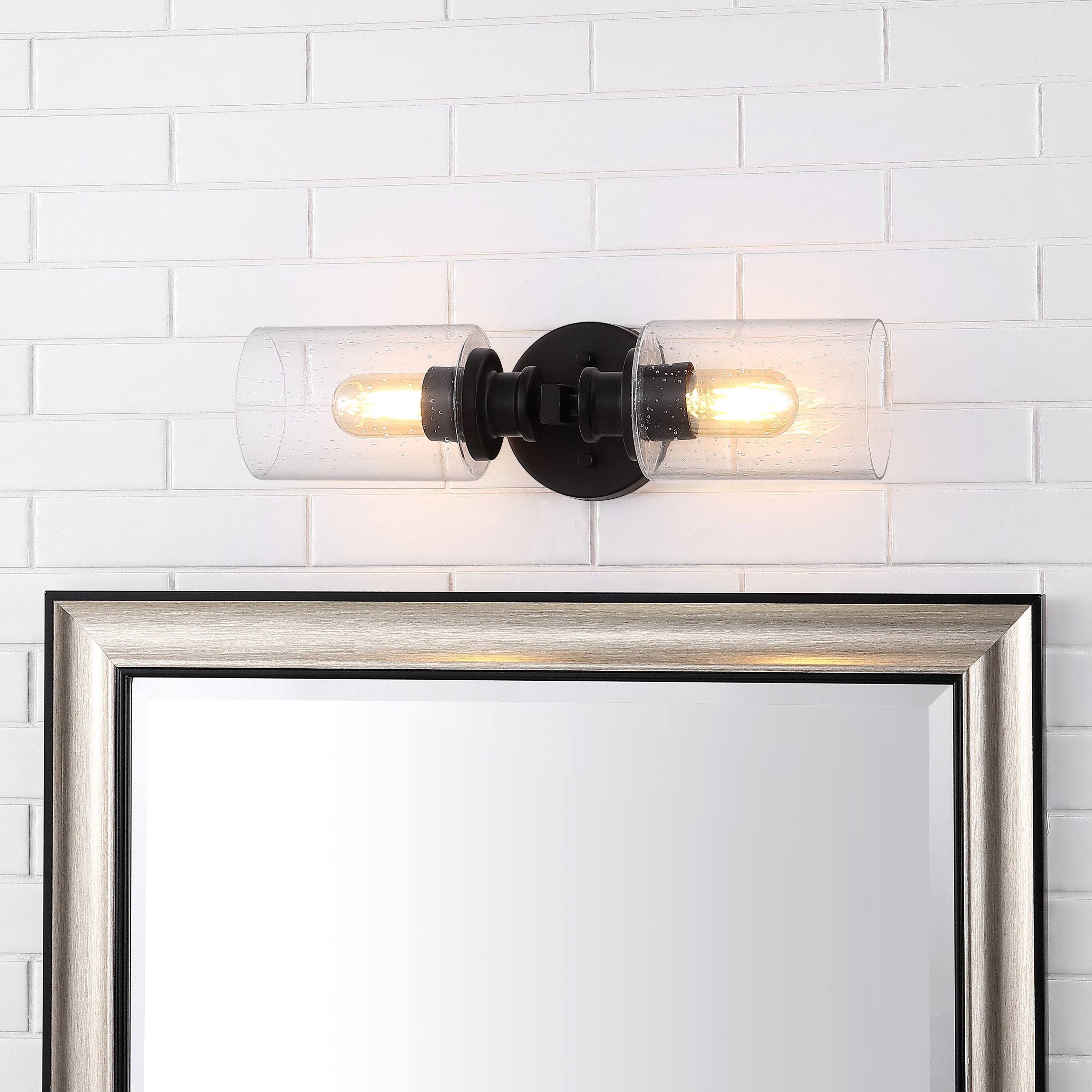 Alt View 1. Jonathan Y - Jules Edison 16.5" Cylinder 2-Light Iron/Seeded Glass Farmhouse Contemporary LED Wall Sconce, Black - Black.