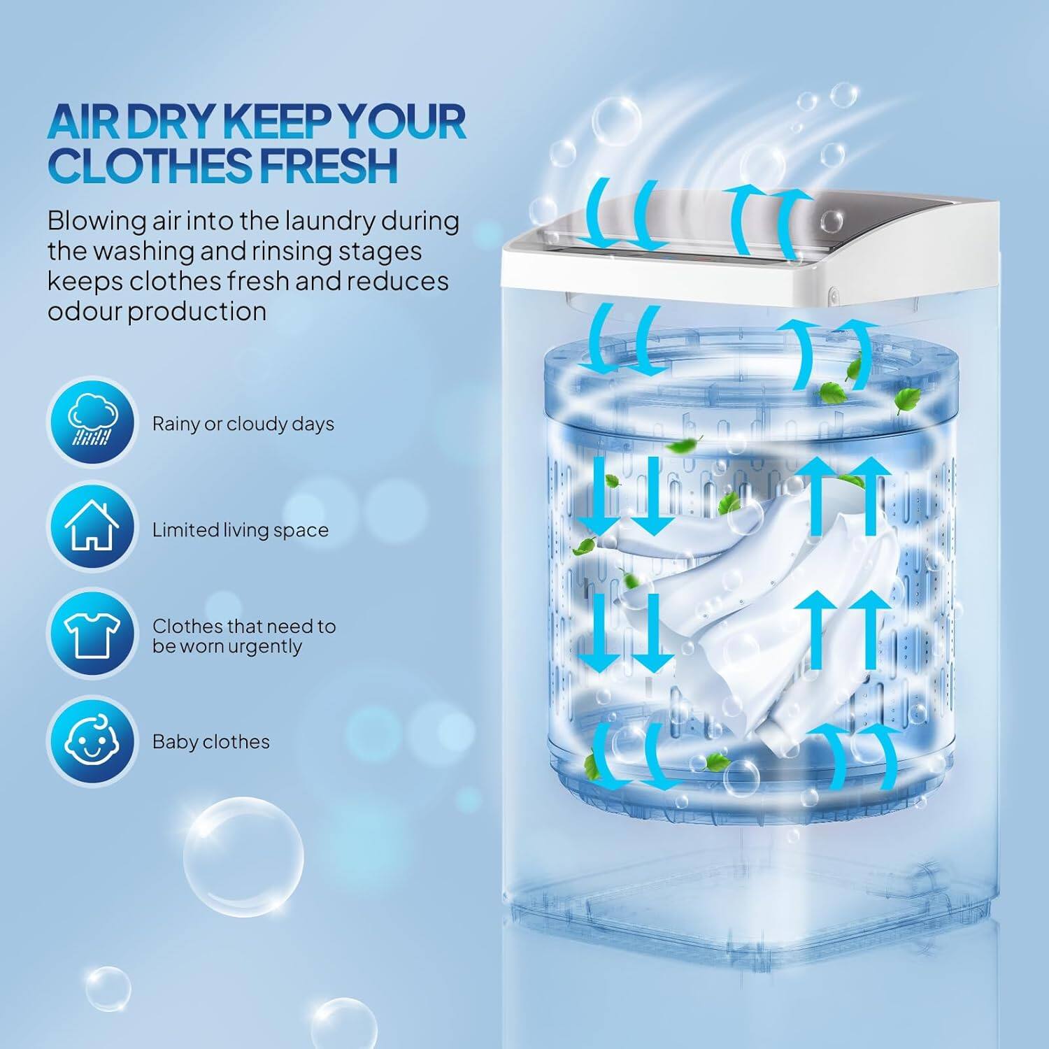 AIR DRY KEEP YOUR CLOTHES FRESH

Blowing air into the laundry during the washing and rinsing stages keeps clothes fresh and reduces odour production

- Rainy or cloudy days
- Limited living space
- Clothes that need to be worn urgently
- Baby clothes