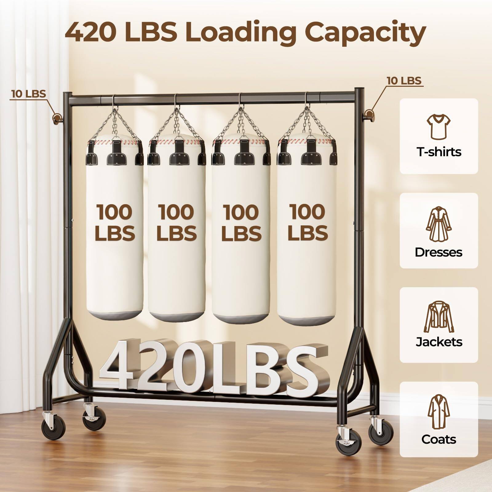 420 LBS Loading Capacity

10 LBS

100 LBS

100 LBS

100 LBS

100 LBS

420 LBS

T-shirts

Dresses

Jackets

Coats