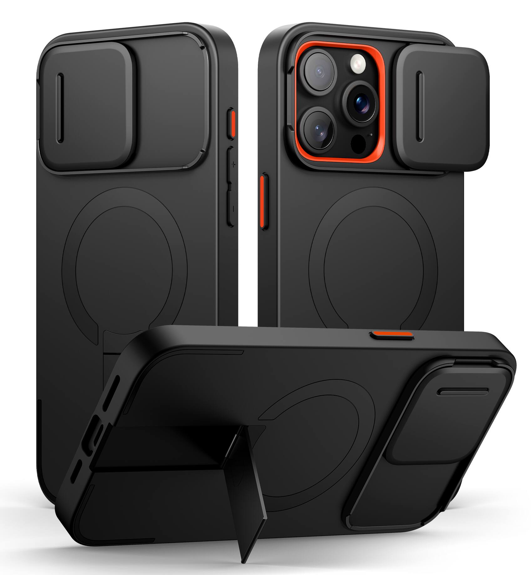 Angle. SURITCH - Bumper Case for iPhone 15 Pro Max with Camera Cover, Kickstand,Compatible with MagSafe, Shockproof Slim Protective Cover - Aurora Black.
